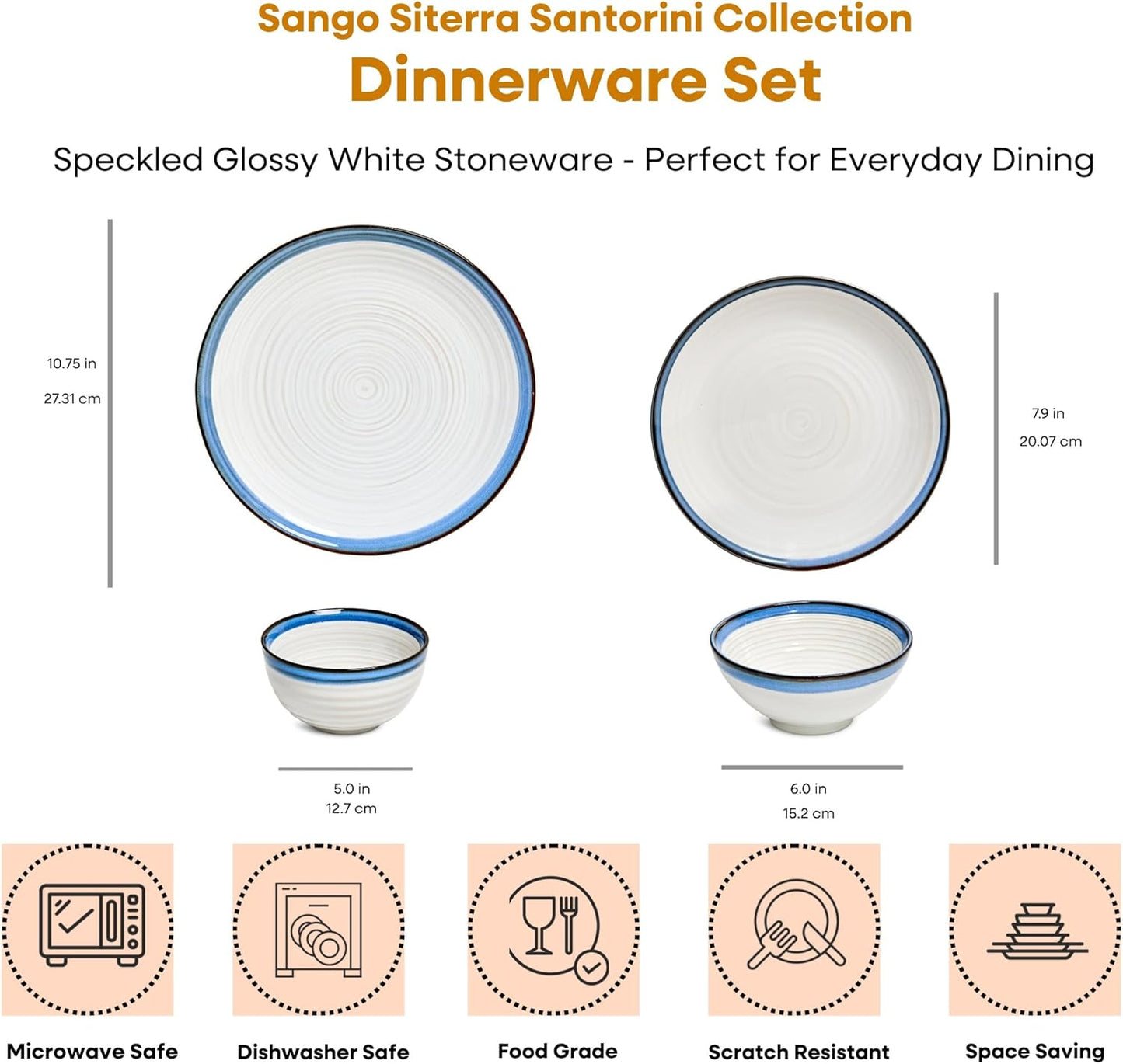 Sango Siterra Santorini 16-Piece White Stoneware Dinnerware Set – Service for 4, Plate & Bowl Set, Rustic White with Reactive Blue Glaze, for Daily Dining & Entertainment, Microwave & Dishwasher Safe