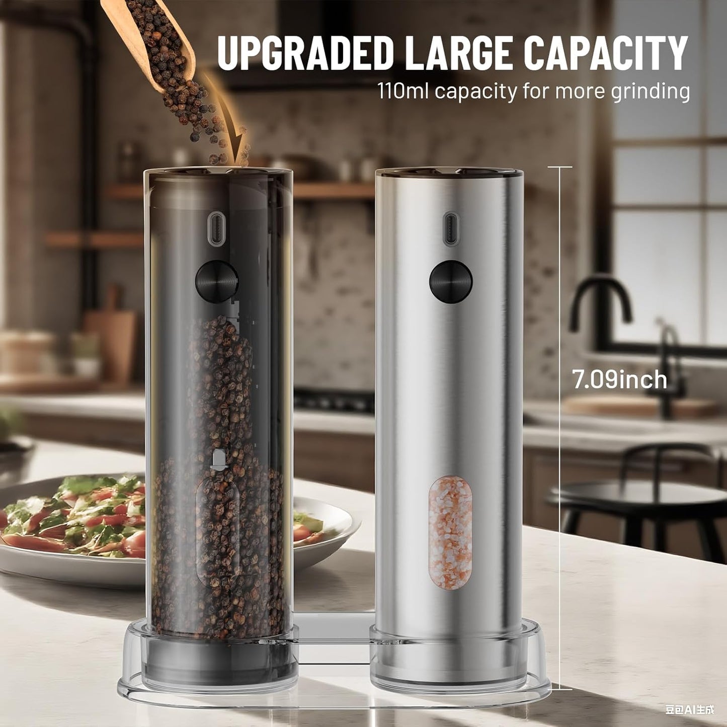 Electric Salt and Pepper Grinder Set Rechargeable Automatic Pepper Grinder Mill Stainless Steel with Base Upgraded Large Capacity, Powered Salt Shakers, LED Light & Adjustable Coarseness,Kitchen Gift