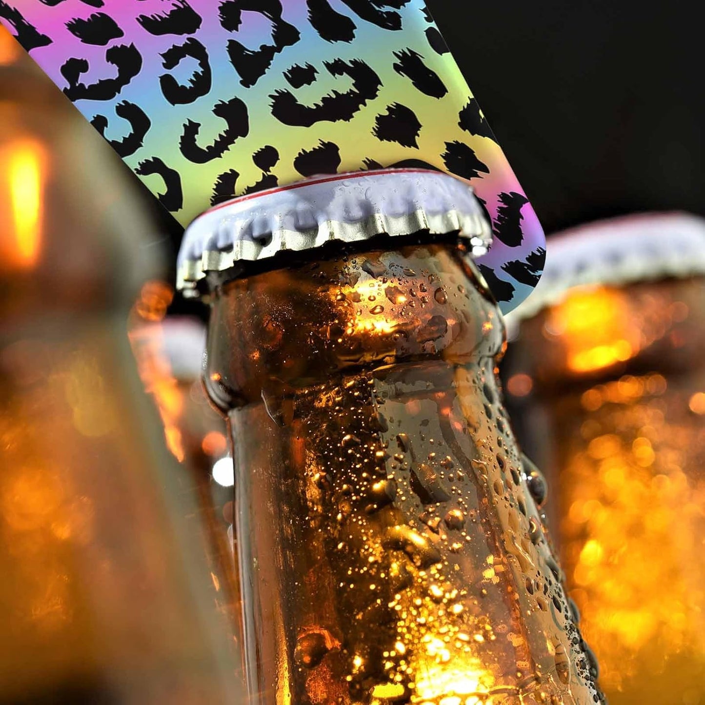 Leopard Print Stainless Steel Bottle Opener Rainbow Colors Leopard Trendy Black Spots Fur Jaguar Wild Animal Flat Beer Bottle Opener Keychain for Home Kitchen Bar Restaurant Party Gift