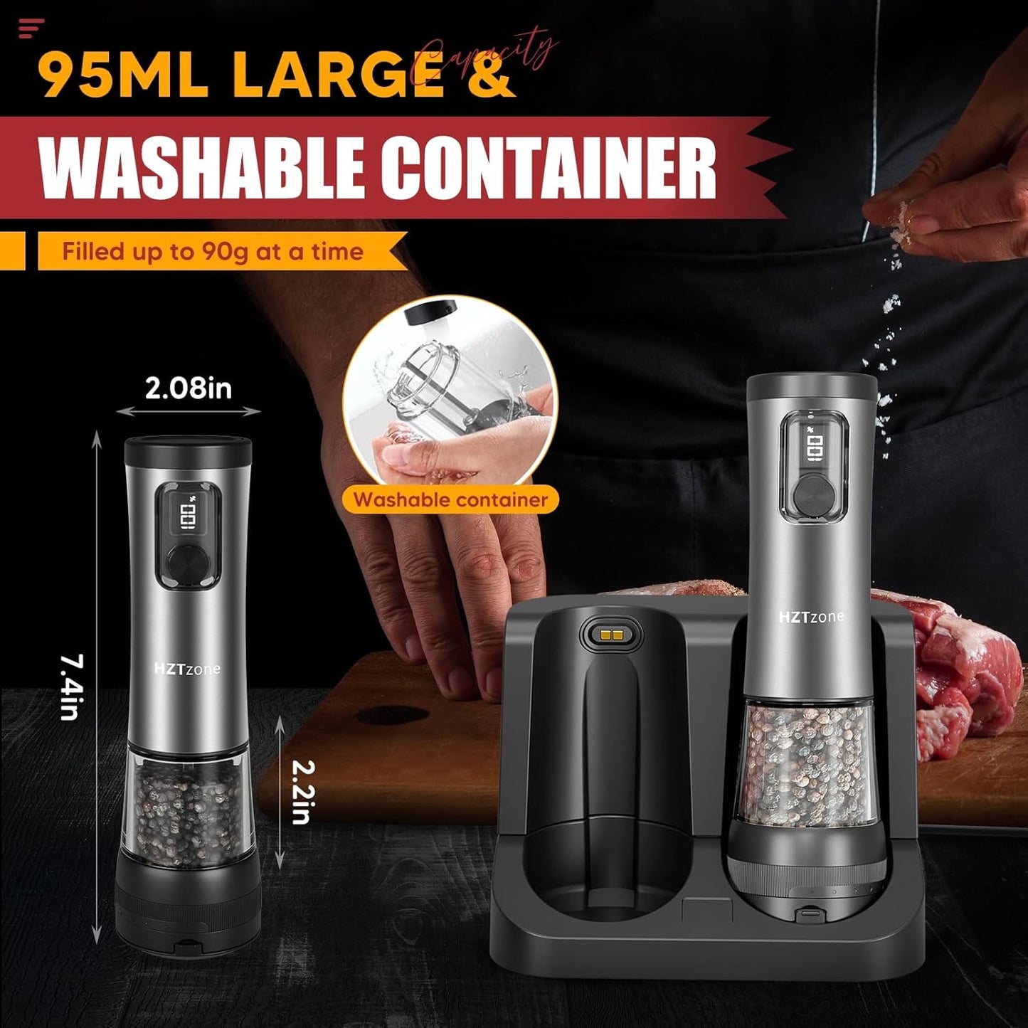 Electric Salt and Pepper Grinder Set with Charging Base, Upgraded LED Display & Variable Grinding Speed, Rechargeable Stainless Steel Automatic Pepper Mill with 100Ml Large Capacity