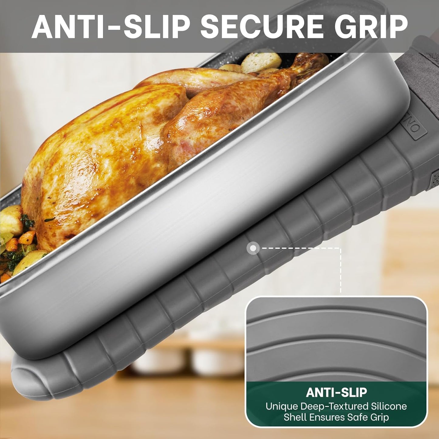 Beneno BPA-Free Silicone Oven Mitts, Heat Resistant Waterproof Oven Mitts with Non-Slip Textured Grip, Comfortable Quilted Lining, Kitchen Pot Holders for Cooking, Baking, Grilling, 7"x13", 2Pcs Gray