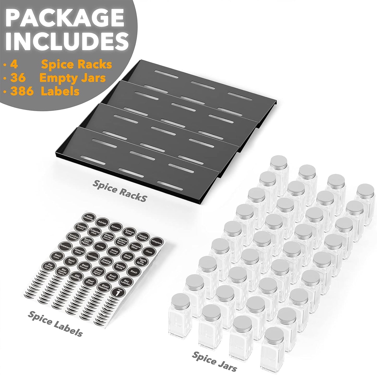 SpaceAid Spice Drawer Organizer with 36 Spice Jars, 386 Spice Labels, 4 Tier Seasoning Rack Tray Insert for Kitchen Drawers, 16.75" Wide x 17.5" Deep