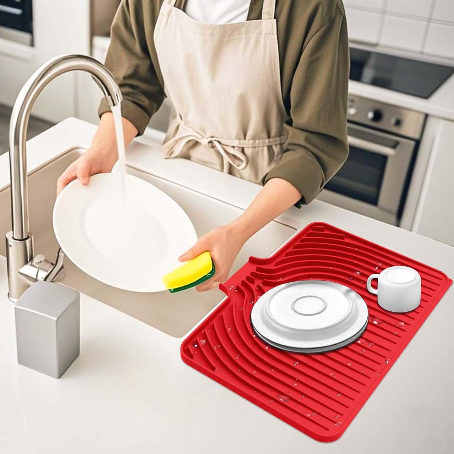 Silicone Dish Drying Mat for Kitchen Counter with Built-in Drain, Easy Clean Pad for Countertop Protection, Fast Self-Draining Slope, Non-Slip, Multiple Use 17.7 x 11.8 Inch ( Red)