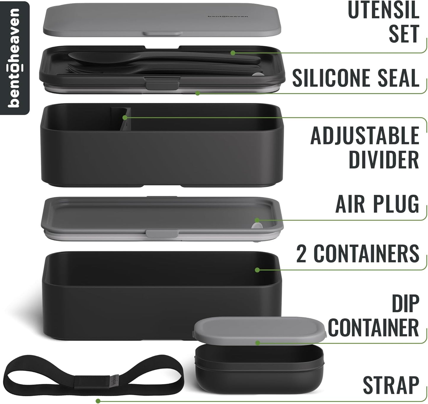 Bentoheaven Premium Bento Box Adult Lunch Box with Compartments for Women & Men, Set of Utensil & Chopsticks & Dip Container, Cute Japanese Kids Bento Lunch Box, Microwavable (Whispering Gray)