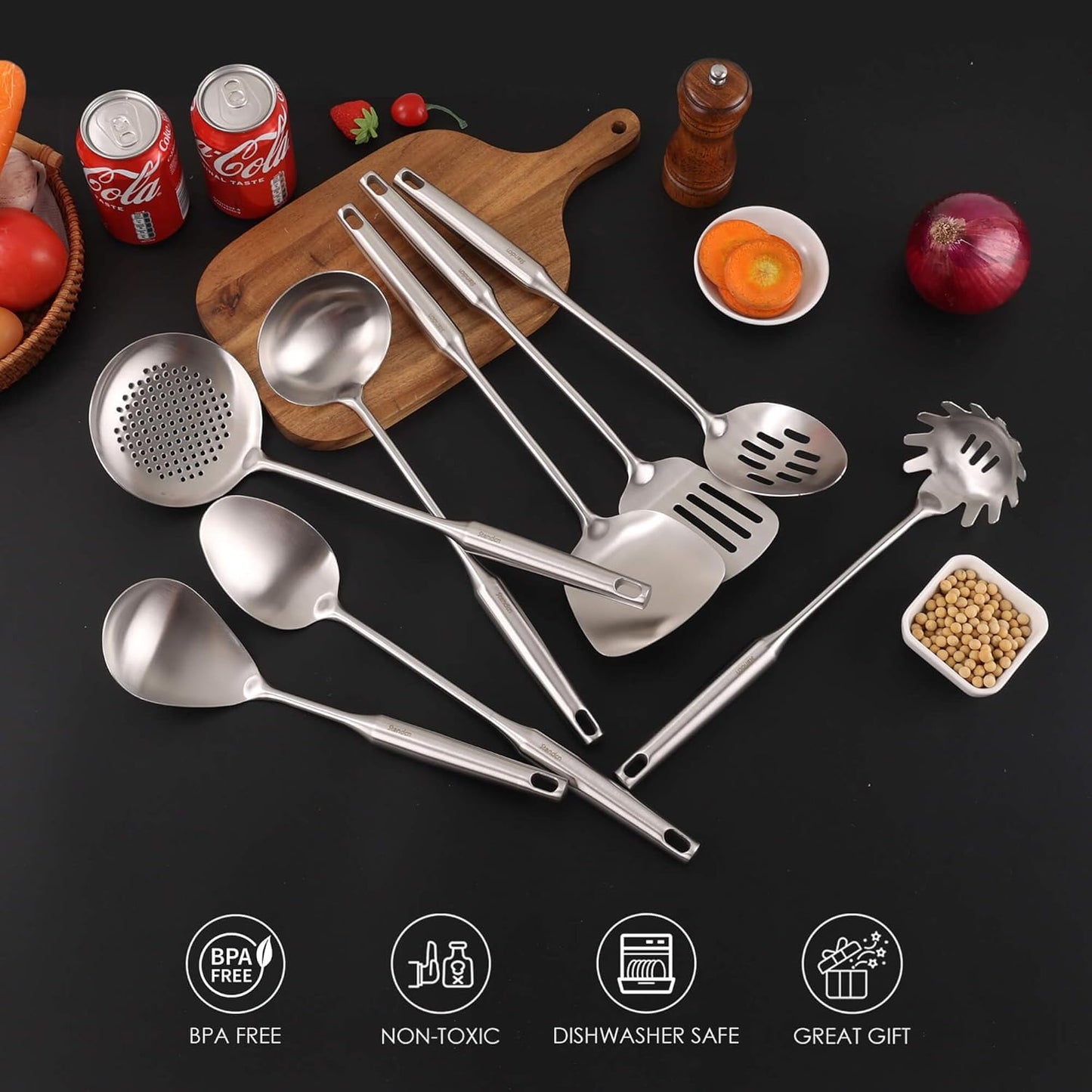 18/10 Stainless Steel Kitchen Utensils Set - 15” All Metal Cooking Tools & Serving Utensils, 8 PCS - Solid Spoon, Slotted Spoon, Spatula, Ladle, Skimmer, Tunner, Spaghetti Spoon, Large Spoon Set