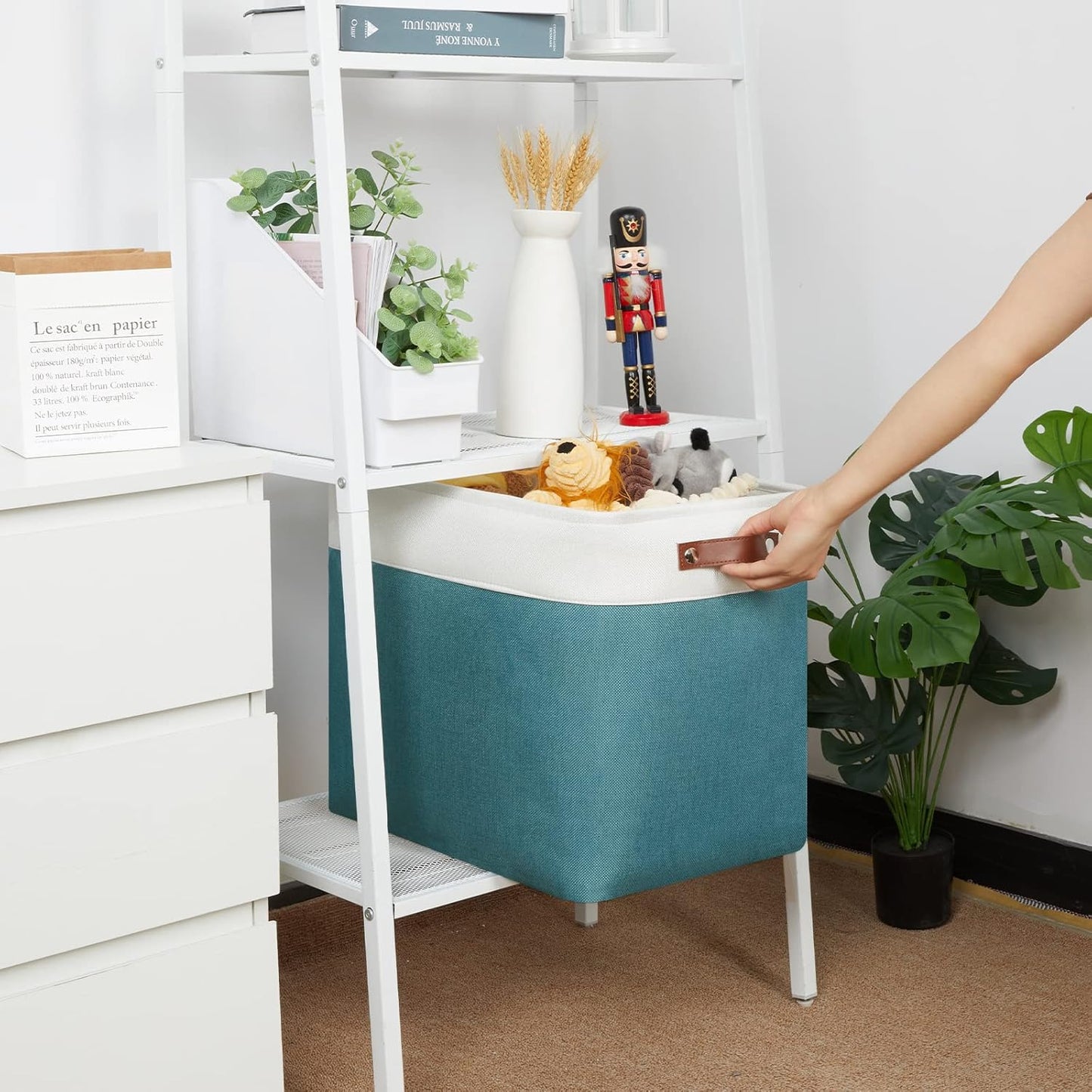 HNZIGE Large Canvas Organizer Baskets for Organizing, Rectangular Shelf Baskets with Handles, Collapsible Linen Storage Basket for Storage Shelves Closet, Home(White Teal), 17" x 12" x 15"