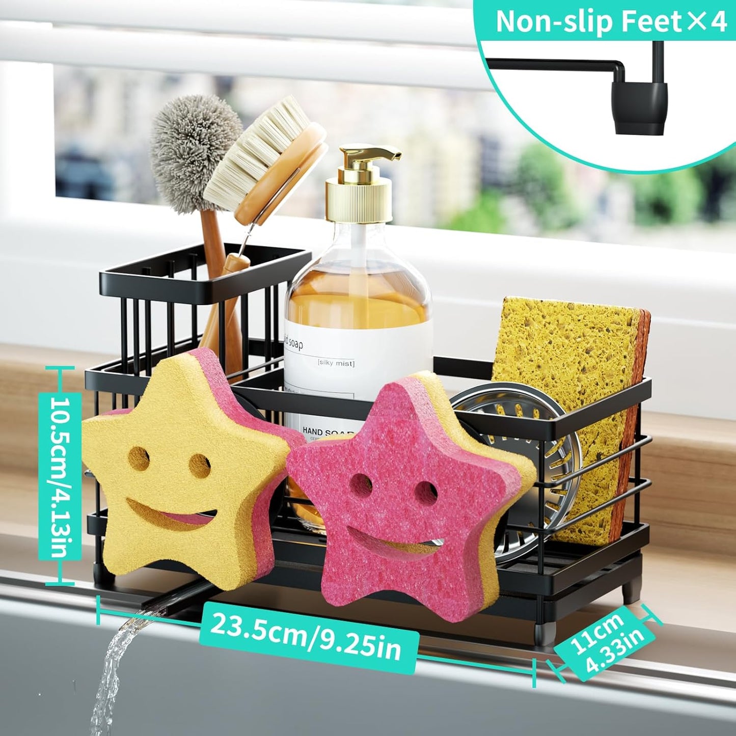 HapiRm Sink Caddy Sponge Holder - Self-draining Kitchen Sink Organizer with Smiley Face and Brush Holder, Stainless Steel Kitchen Sponge Caddy for Countertop - Black