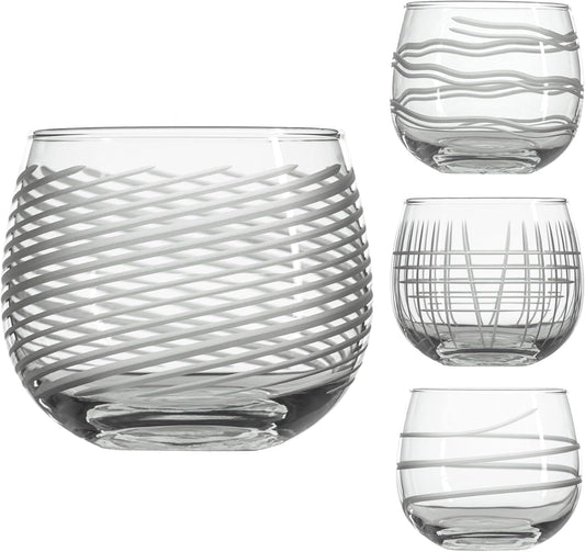 Rolf Glass | Symmetry Mixed Stemless Red Wine Tumbler 13 ounce | Set of 4 | Diamond Wheel Engraved Glassware | US Made | Gifts for Wine Lovers | Perfect for everyday use