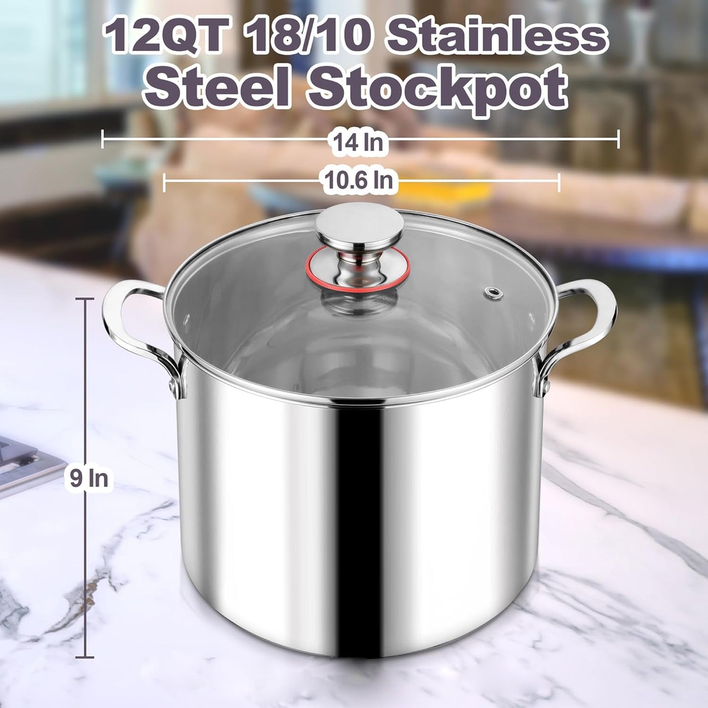 LIANYU 12QT 18/10 Stainless Steel Stockpot with Lid, Large Cooking Soup Pot, Big Cookware, 12 Quart Tall Canning Pasta Induction Pot with Measuring Mark for Boiling Strew Simmer