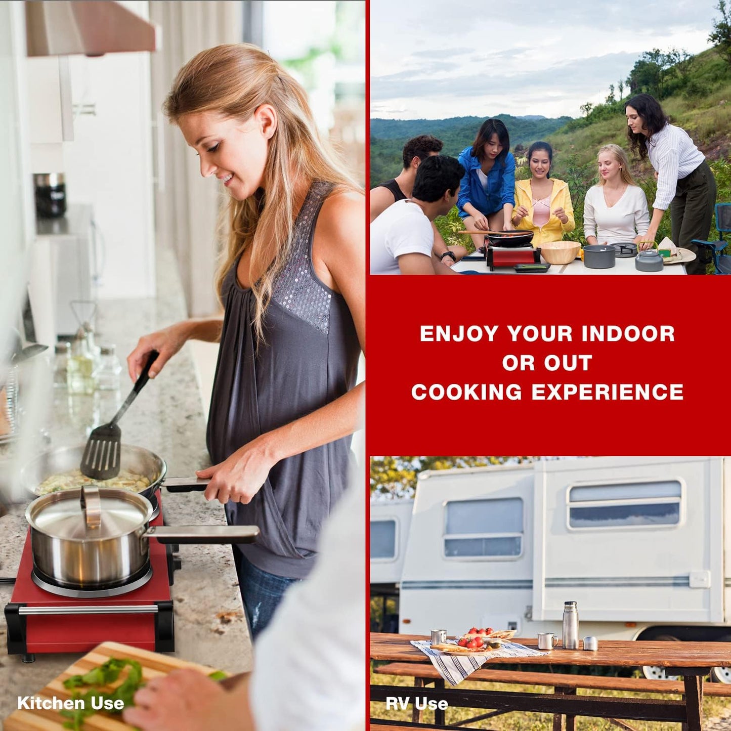 Hot Plate, Techwood 1800W Portable Electric Stove for Cooking Countertop Dual Burner with Adjustable Temperature & Stay Cool Handles, 7.5” Cooktop for Home/RV/Camp, Compatible for All Cookware, Red