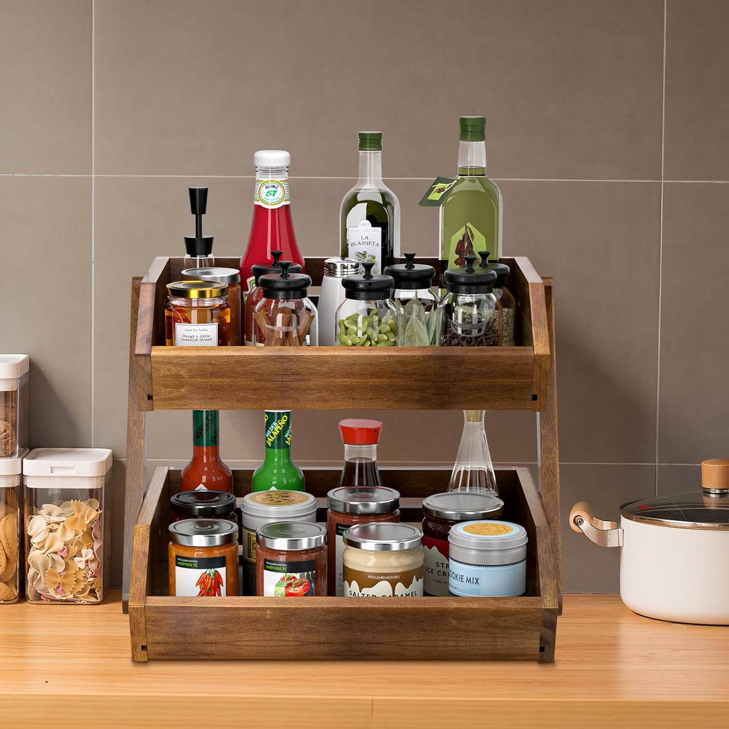 G.a HOMEFAVOR Fruit Basket: 2-Tier Acacia Wood Fruit Bowl for Kitchen, Fruit Stand Storage Holder for Vegetables and Snack Home Kitchen Countertop Organizer (Self-assembly)