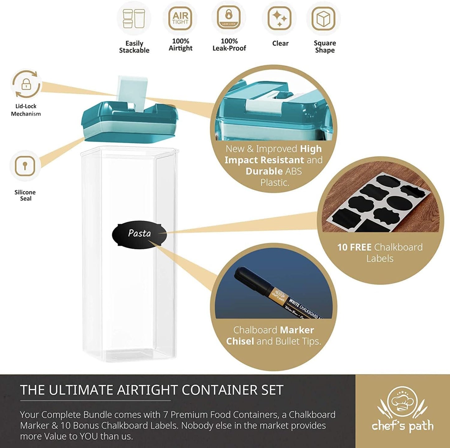 Airtight Food Storage Containers for Pantry Organization & Storage - 7 PC Pantry Organizer Plastic Containers for Food with Flip Lock Lids - Stackable Sugar Container & Food Storage Canisters (Teal)