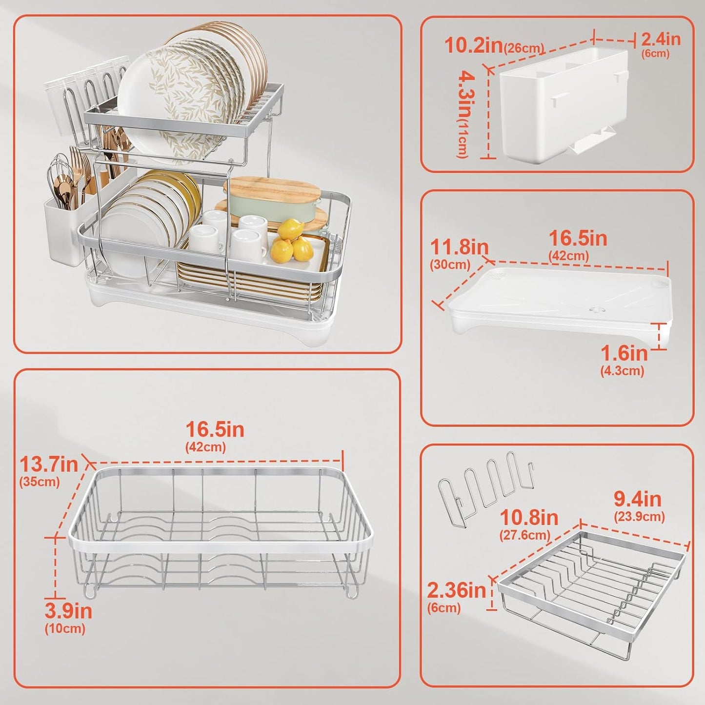 Dish Drying Rack for Kitchen Counter, 2-Tier 304 Stainless Steel Dish Rack with Adjustable Drainage Board, Removable Cup Holder, Utensil Holder, White