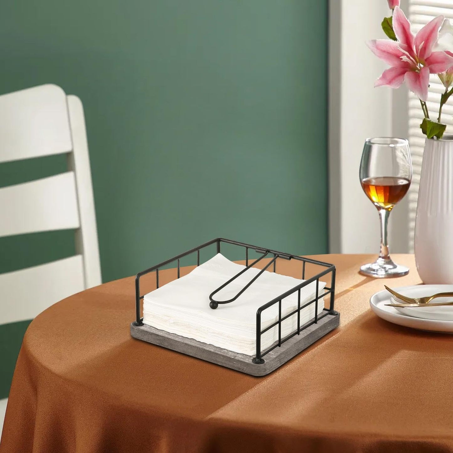 YINMIT Flat Napkin Holder for Table Wood, Gray Farmhouse Napkin Holders with Weighted Arm, Rustic Metal Square Napkin Holder Organizer for Kitchen Bathroom Dining Table