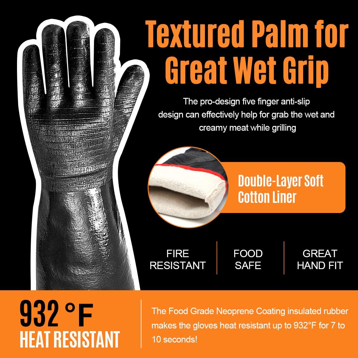 932°F Extreme Heat Resistant BBQ Gloves, Waterproof Oven & Fryer Gloves, Oil Resistant Neoprene Grill Gloves for Baking, Smoker, 14 inch