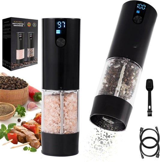 Fresh World 2Pack Electric Salt and Pepper Grinder Set Rechargeable with LED Light, Adjustable Coarseness Large Capacity Automatic Salt Pepper Mill Grinder for Kitchen, Restaurant, Outdoor, Black