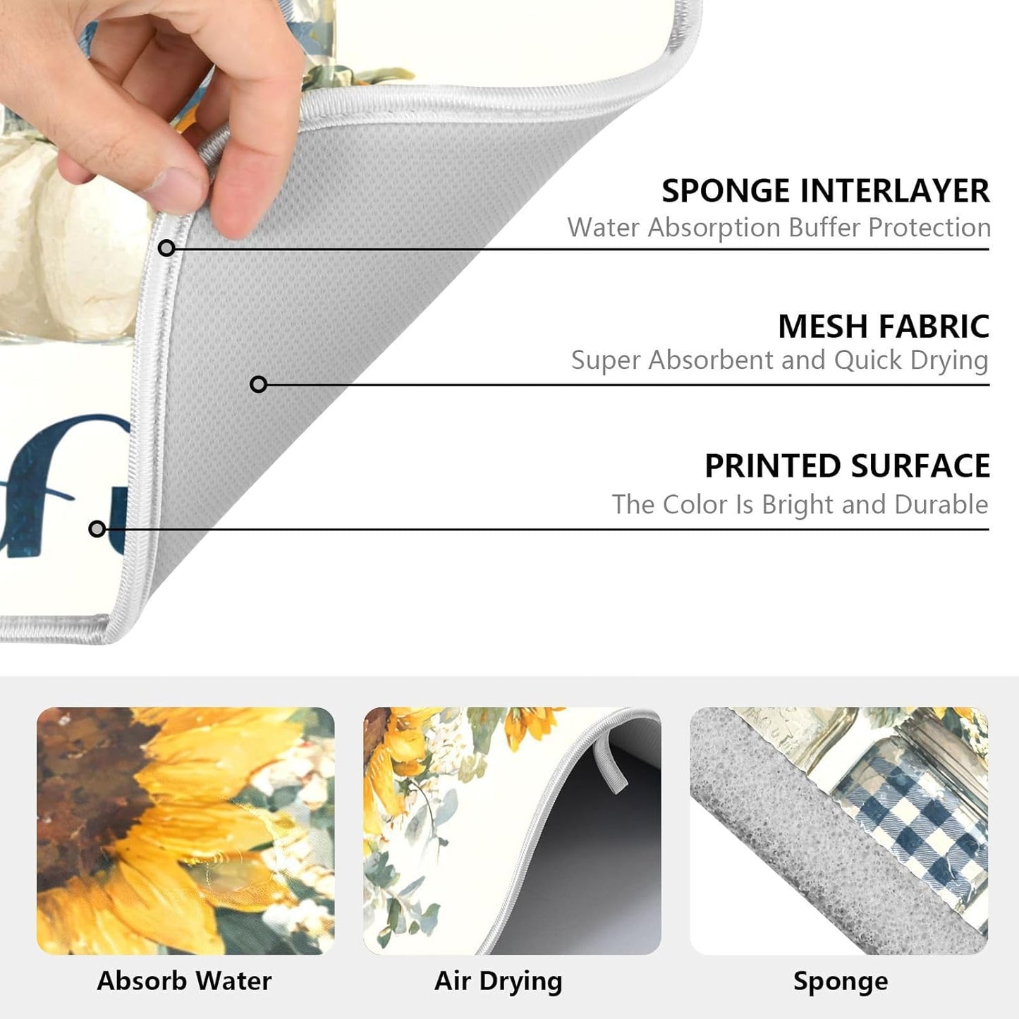 Autumn Pumpkin and Sunflower Floral Vase Dish Drying Mat for Kitchen Counter Absorbent Microfiber Small Drying Pad Dish mats for Kitchen Countertops 16 x 18 Inch