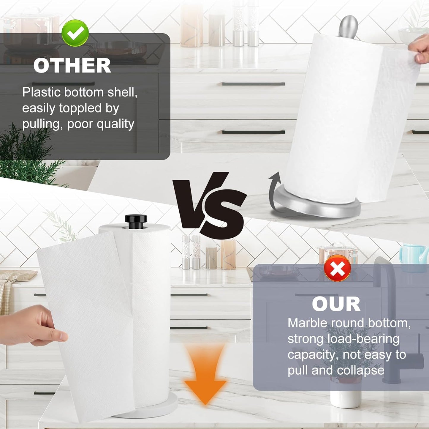 Standing Paper Towel Holder, Kitchen Paper Towel Roll Holder- for Bathroom Kitchen Countertop with Weighted Marble Base for One-Handed Operation (Black), Black Paper Towel Holder