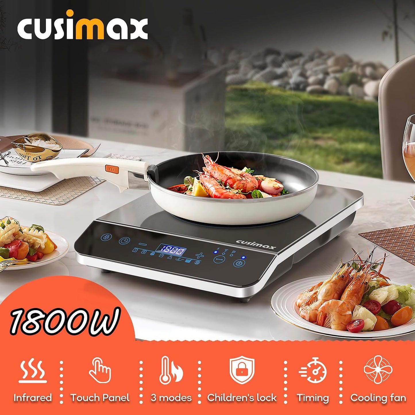 CUSIMAX Portable Induction Cooktop,3 Control Modes, 1800w 7.1" Heating Coil,140°F To 464°F,Induction Hot Plate with LED Display Sensor Touch Screen,Timer and Child Lock,Even and Fast Heating