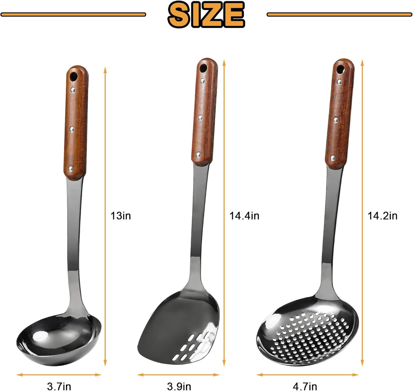 FJNATINH Stainless Steel Wok Spatula,Ladle,Skimmer Ladle Tool Set,Mirror Polished Cooking Utensils with Wooden Handle,Easy to Clean Wok Accessories,Black 3 PCS