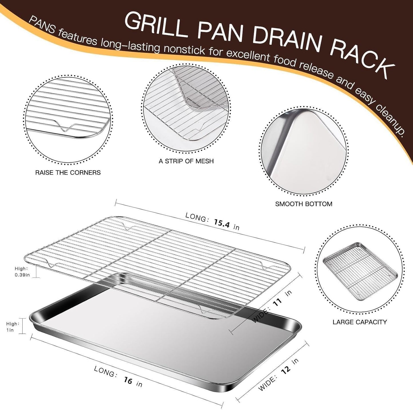 Baking Sheet with Racks Set [2 Sheets + 2 Racks], Stainless Steel Baking Sheets with Cooling Racks, Nonstick Pan, Warp Proof & Rust Proof & Easy to Clean, Size 16 X 12 X 1 Inch