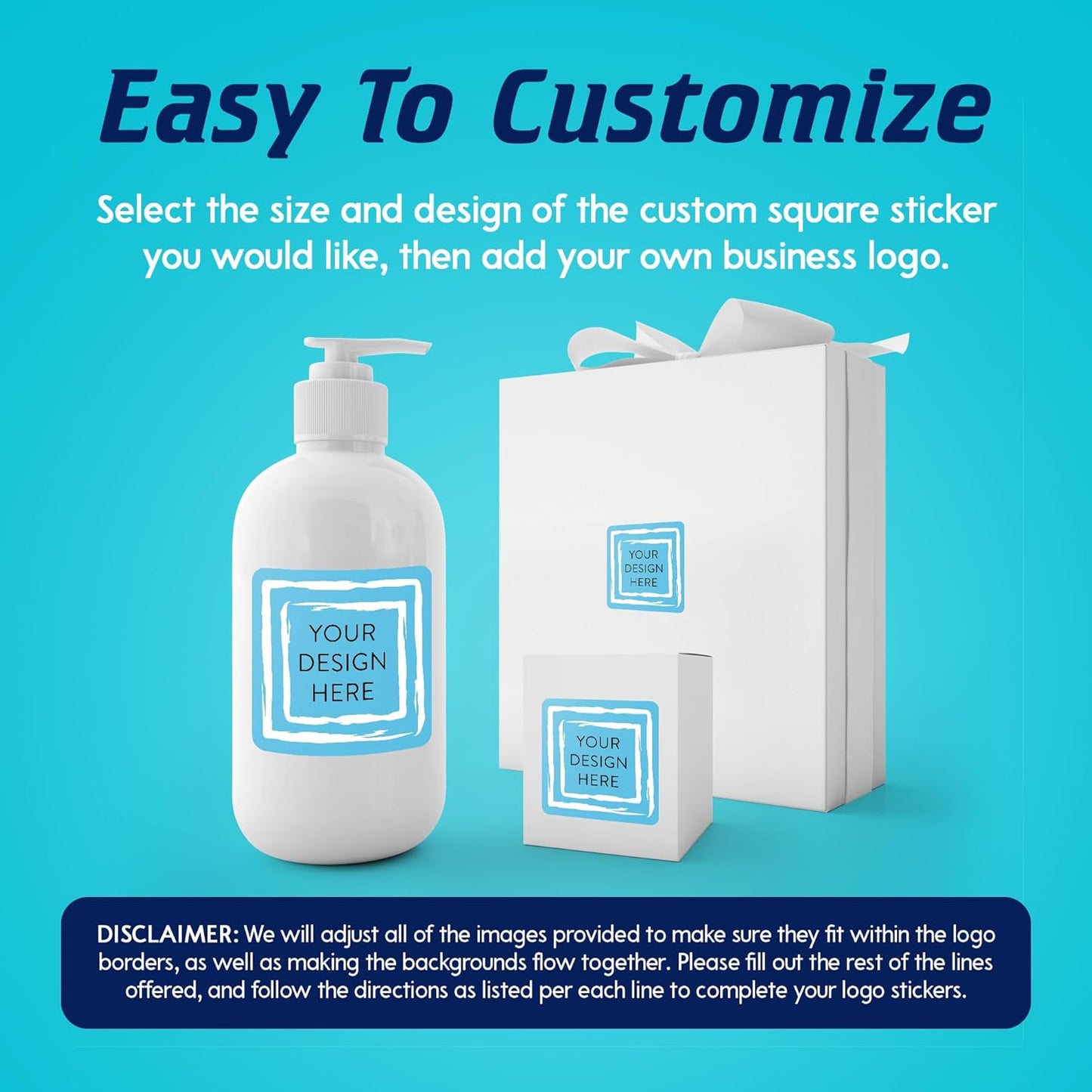 100 Custom Vinyl Stickers - Upload Your own Image, Text, Design, Logo - Personalized Logo Labels for Handmade, Packaging, Bottle, Jars, Candle, Brand Stickers (Blue Swirls, 1.5x1.5 Square)