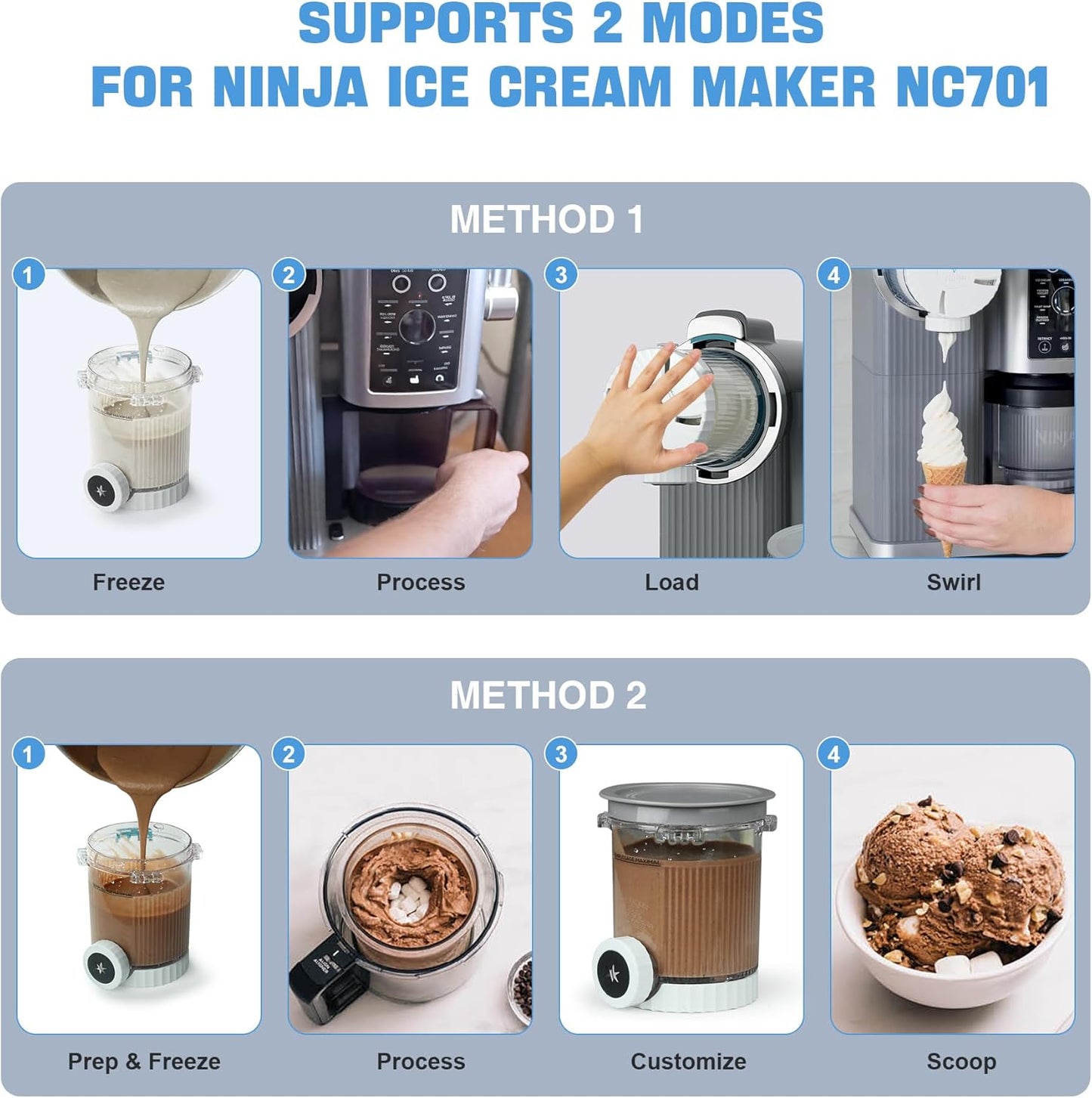 2 Pack Creami Swirl Pints & Lids for Ninja, Compatible with NC700 Series Ninja Swirl Ice Cream & Soft Serve Makers, with 2 Spoons & 32 Writable Labels, BPA-Free & Dishwasher Safe, Grey Lids