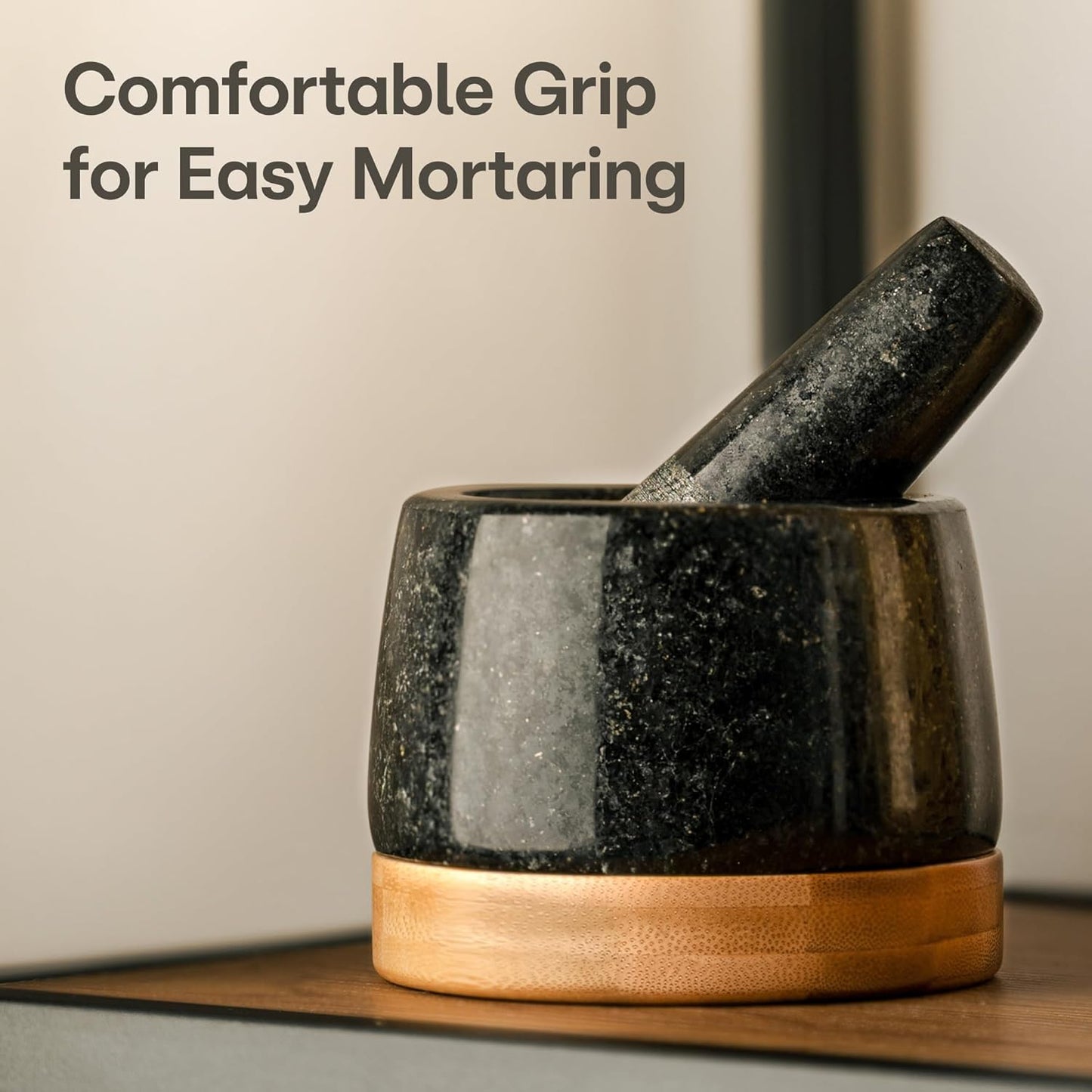 Mortar and Pestle Set Small - Heavy-Duty 1 Cup Stone Grinder for Spices, Herbs & Guacamole - Durable Granite - Non-Slip Wooden Base - Effortless Grinding & Easy to Clean