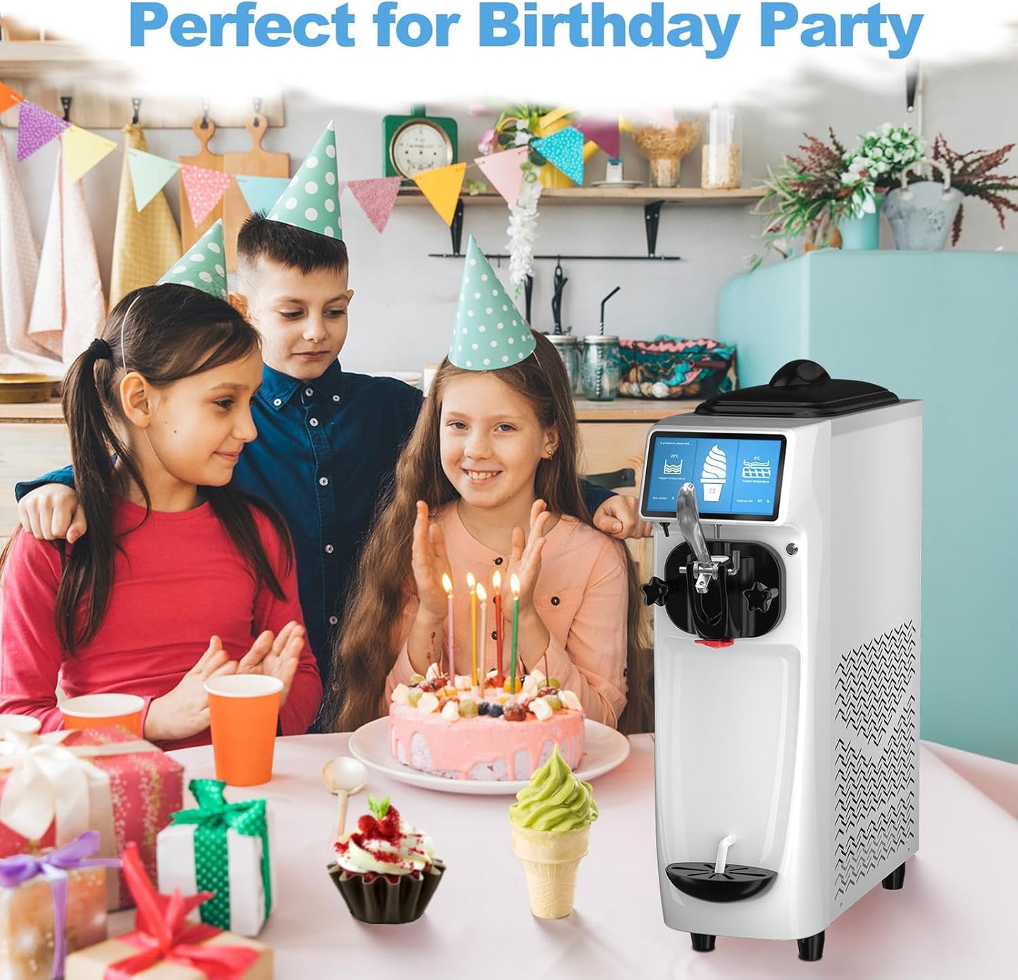 Soft Serve Ice Cream Machine, 7 Inch Screen Ice Cream Maker Machine 4.2 to 4.6 Gal/H Ice Cream Maker Machine with Pre-Cooling Soft Serve Machine with 1.6 Gals Tank for Party Store School Home ETL
