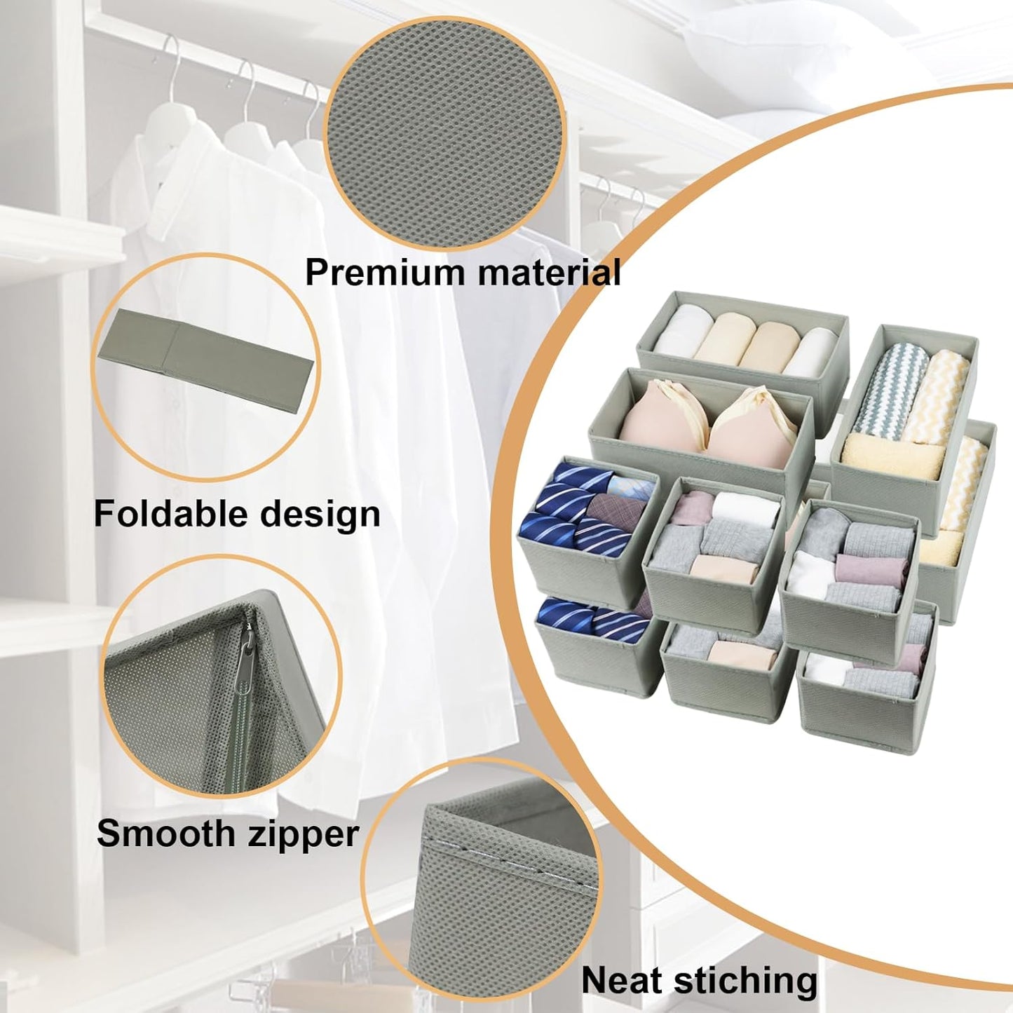 Set of 12 Drawer Organizer, Fabric Closet Organizer and Storage Baskets,Foldable Drawer Divider for Clothing,Sock,Ties,Underwear Drawer Organizers,Set of Cabinet Storage Boxes (Gray)