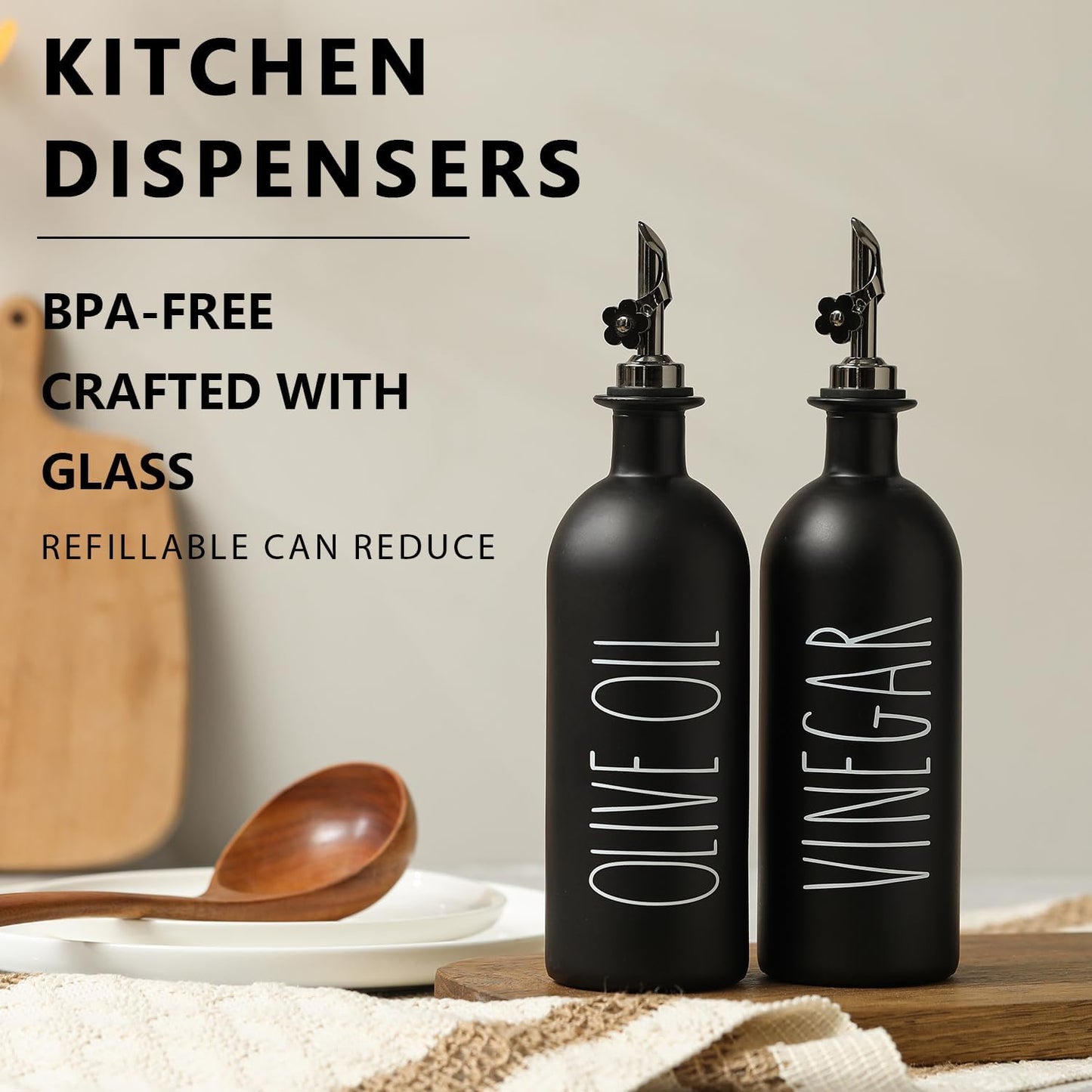 HOMCDALY 16oz Olive Oil Dispenser Bottles for Kitchen, Glass Black Oil&Vinegar Dispenser Set, Kitchen Olive Oil Bottles with Bamboo Tray| Set of 2 (16oz-P-Black)