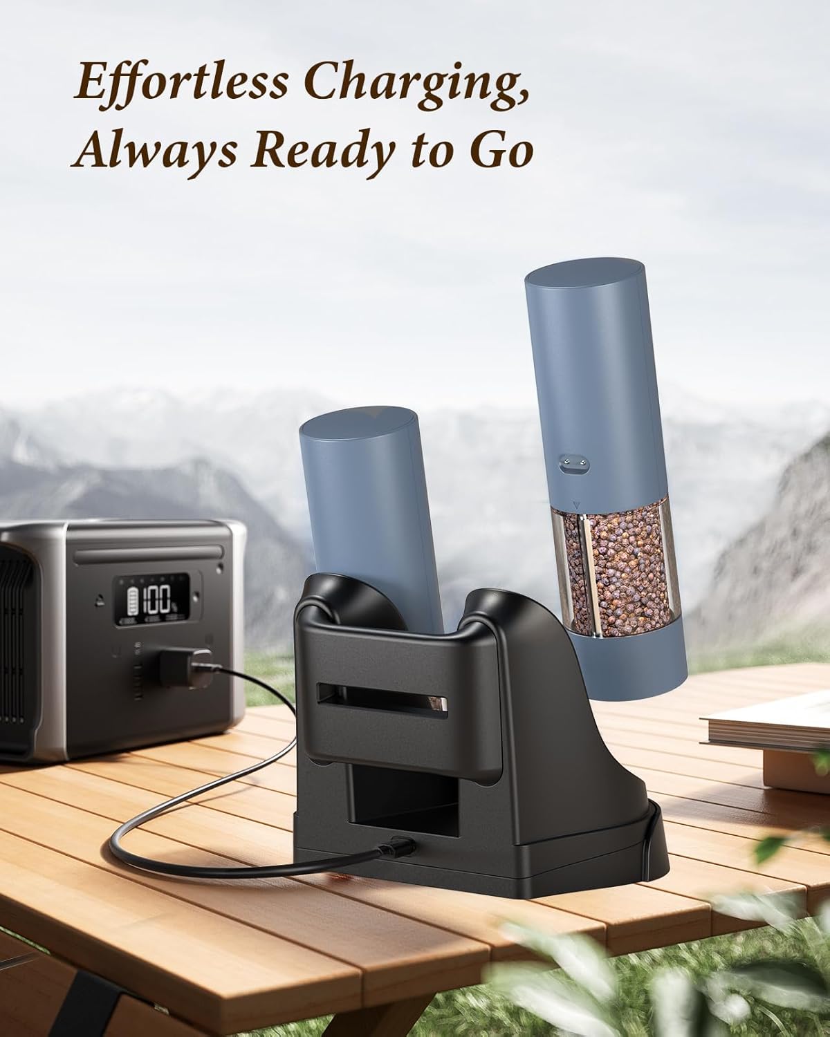 Electric Salt and Pepper Grinder Set - Automatic Refillable Salt and Pepper Grinders with Charging Base & LED Light, 6-Level Adjustable Coarseness with External Dial, Ideal Kitchen Gadget，Blue