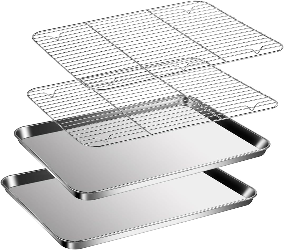 Baking Sheet with Racks Set [2 Sheets + 2 Racks], Stainless Steel Baking Sheets with Cooling Racks, Nonstick Pan, Warp Proof & Rust Proof & Easy to Clean, Size 9.3 X 7 X 1 Inch