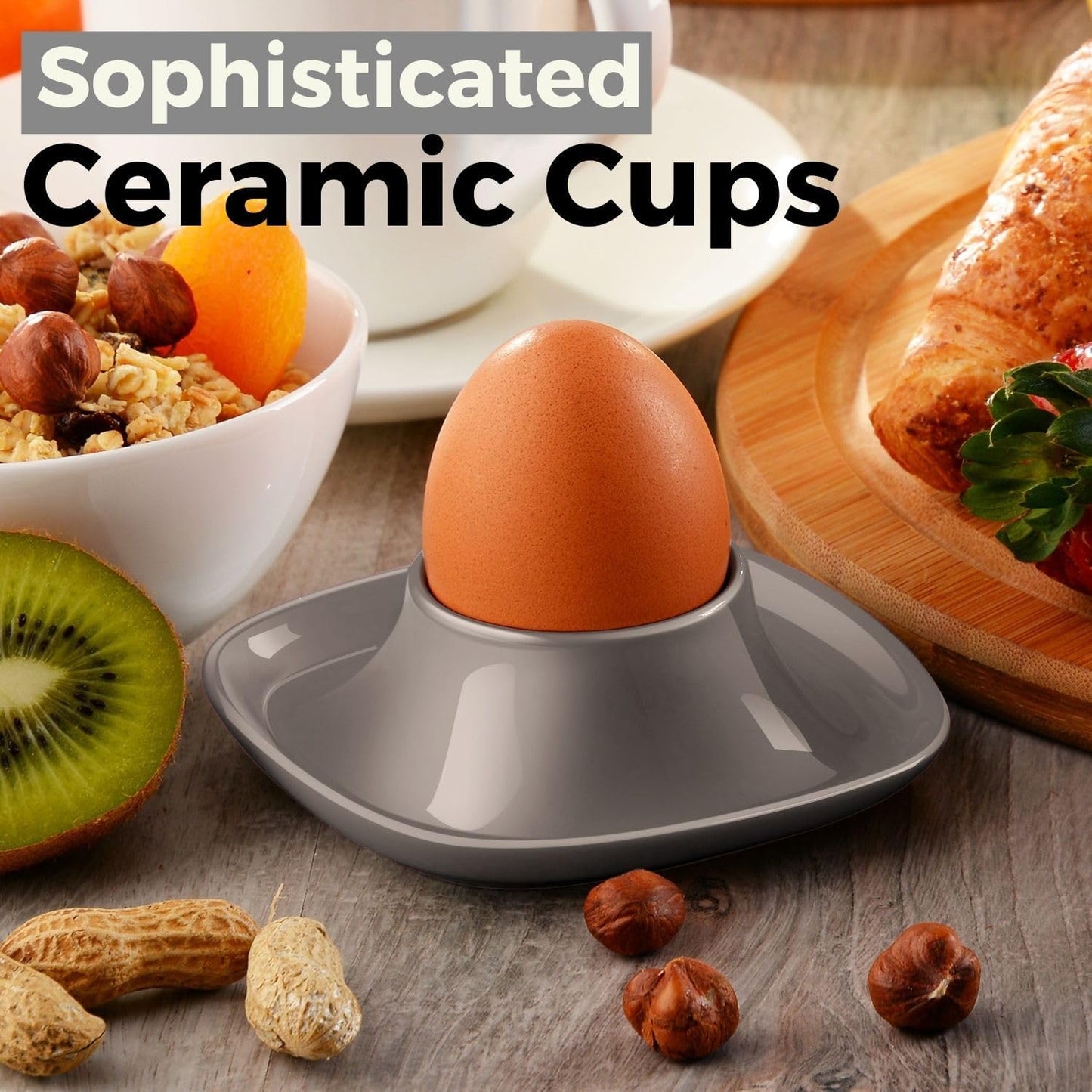 Flexzion Soft Boiled Egg Holder Set - 4-Piece Gray Ceramic Egg Cup, Stackable Egg Coddler Cups with Base for Serving, Breakfast, Brunch - Kitchen Table Decor, Gray