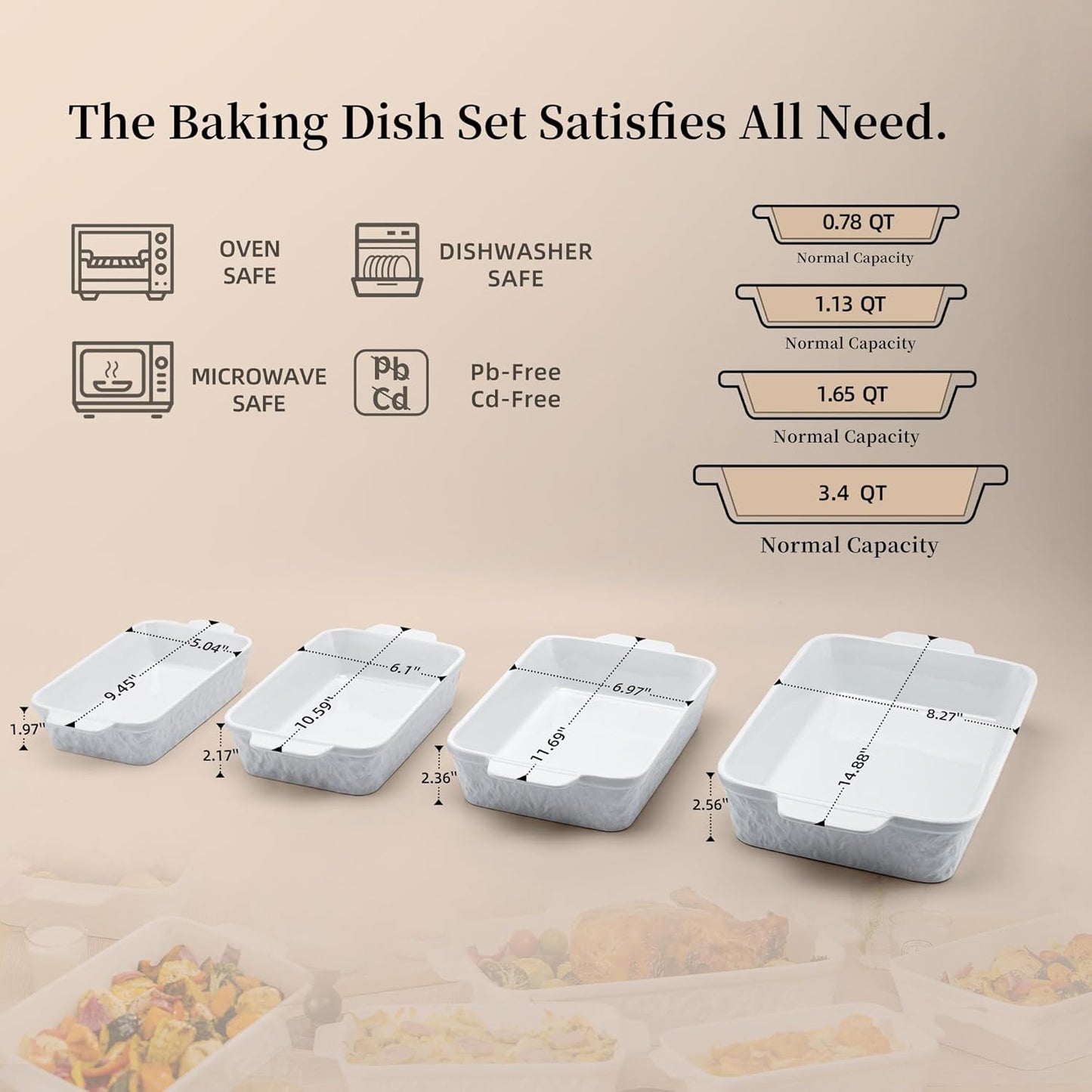 Casserole Dishes for Oven, Baking Dishes, Ceramic Bakeware Sets of 4, Rectangular Baking Pan Set with Handles for Baking, Casserole, Kitchen, Wedding Gift,White