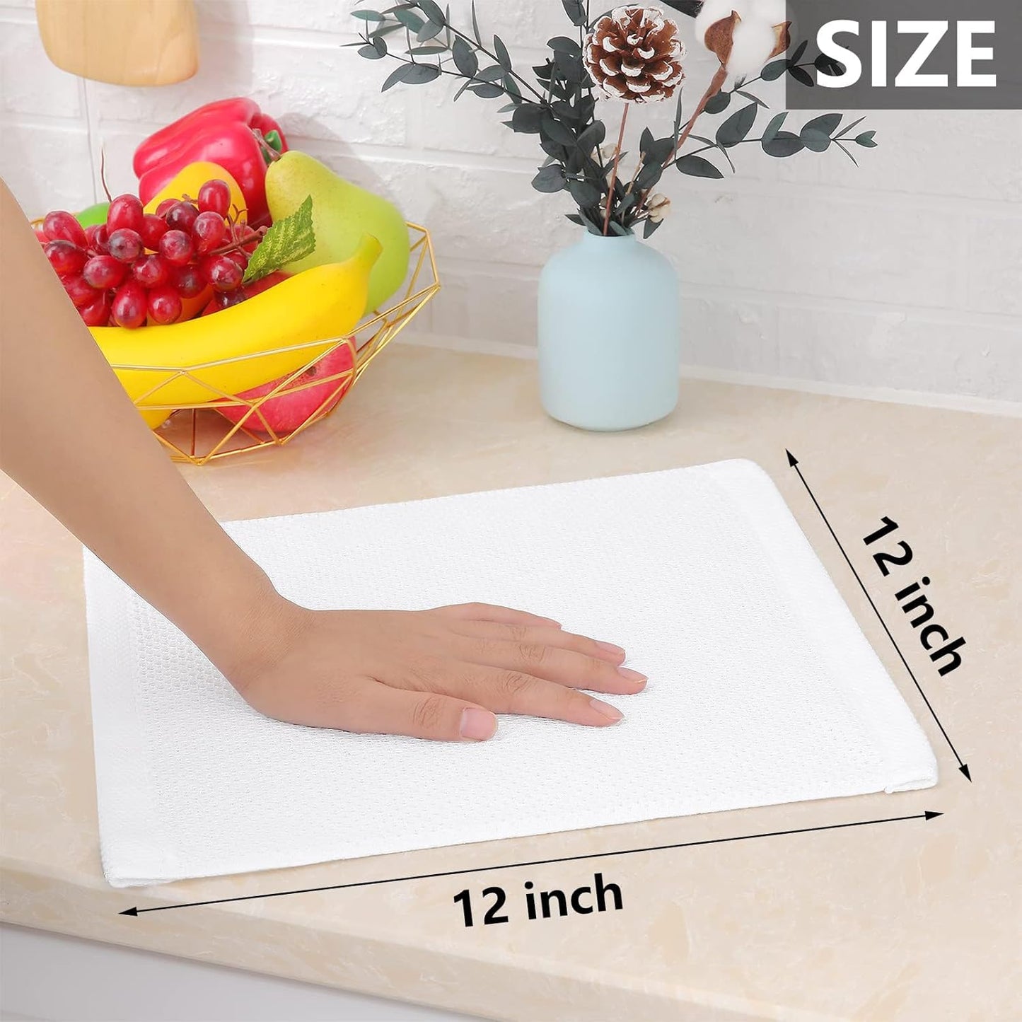 Homaxy 100% Cotton Waffle Weave Kitchen Dish Cloths, Ultra Soft Absorbent Quick Drying Dish Towels, 12 x 12 Inches, 12-Pack, White