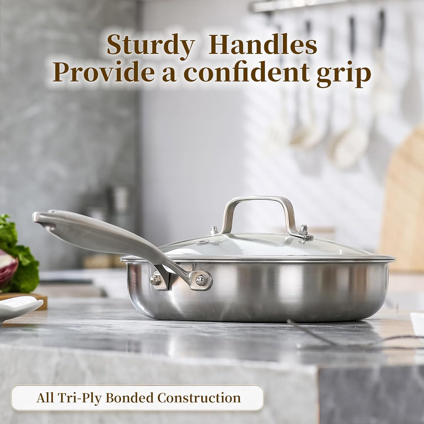 DELARLO Tri-ply Stainless Steel Frying Pan Set with Lid 10"12" Induction large Skillets Chef's Pan,Pots and Pans Set Kitchen Cookware Set Suitable for All Stove