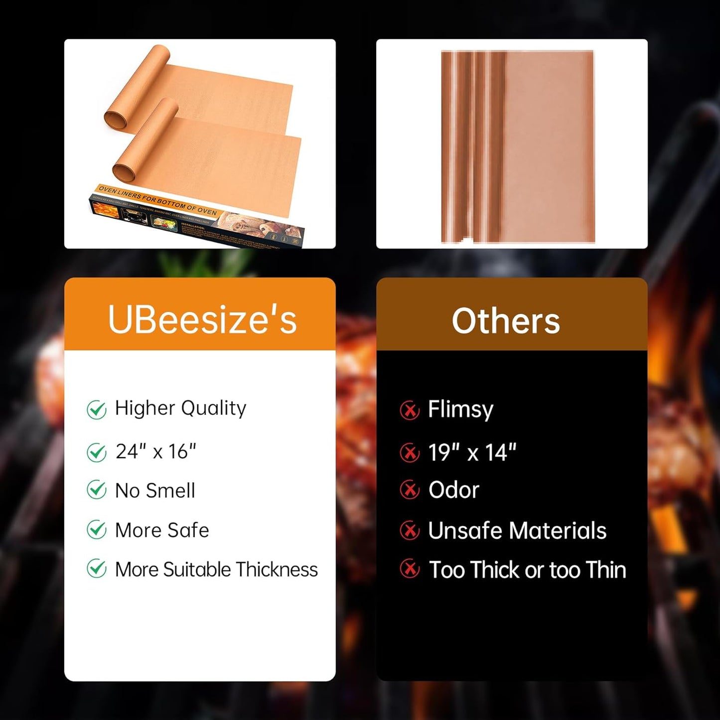 UBeesize 4 Pack Thickened Copper Oven Liners for Bottom of Oven BPA & PFOA Free, Reusable 16x24 Inch Heavy Duty Non Stick Teflon Oven Mats, Fit Electric Gas Toaster Convection Microwave Ovens Grills