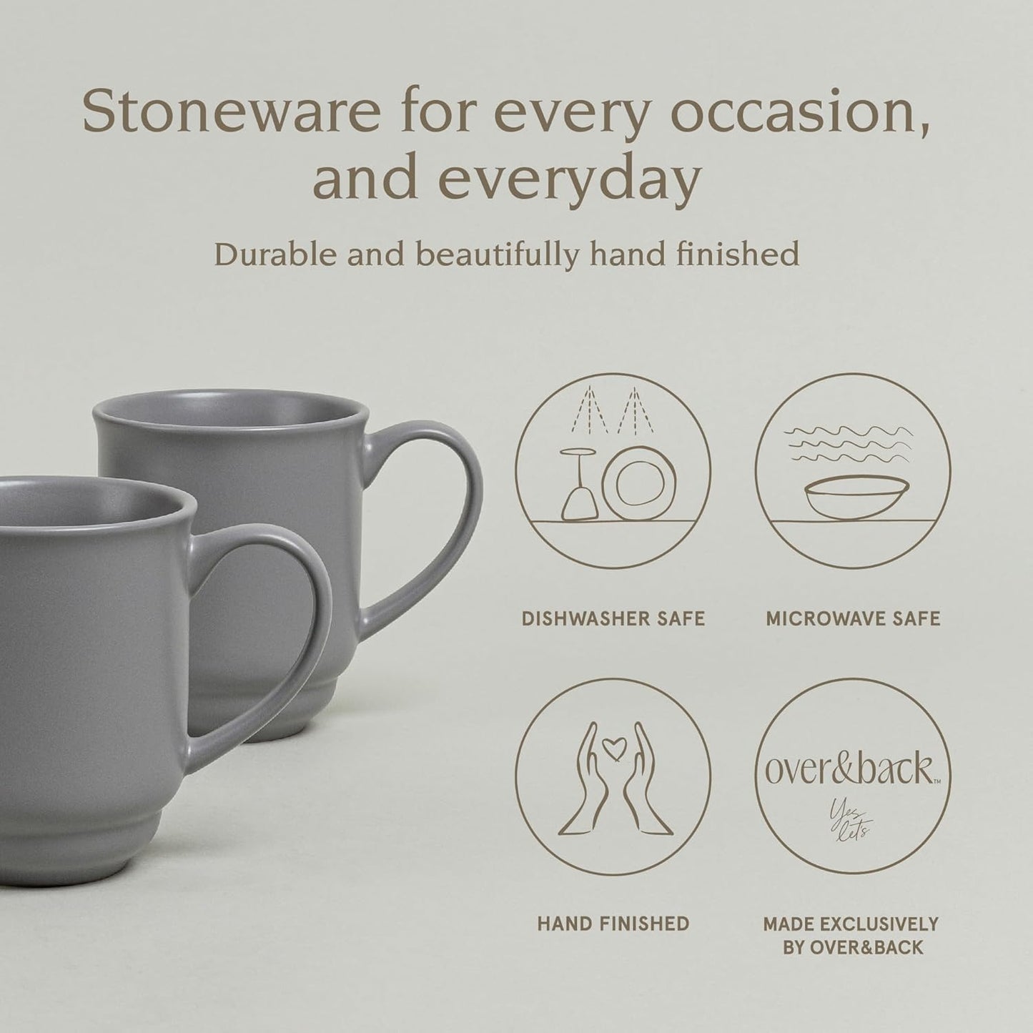 over&back Rim Stoneware Coffee Mugs - 4-Piece Mug Set - Enjoy the Perfect Cup of Coffee, Tea, Latte, and More - Semi-Matte Charcoal - 16oz