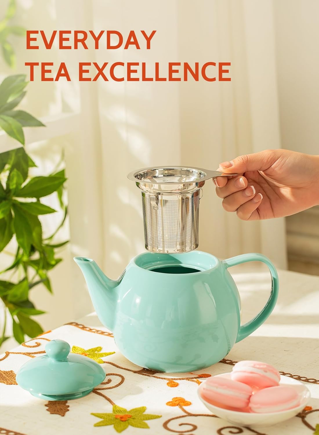 Sweese Teapots for Tea, 27 oz Porcelain Tea pot with Removable Stainless Steel Infuser, Tea Pots for Loose Tea - Mint Green