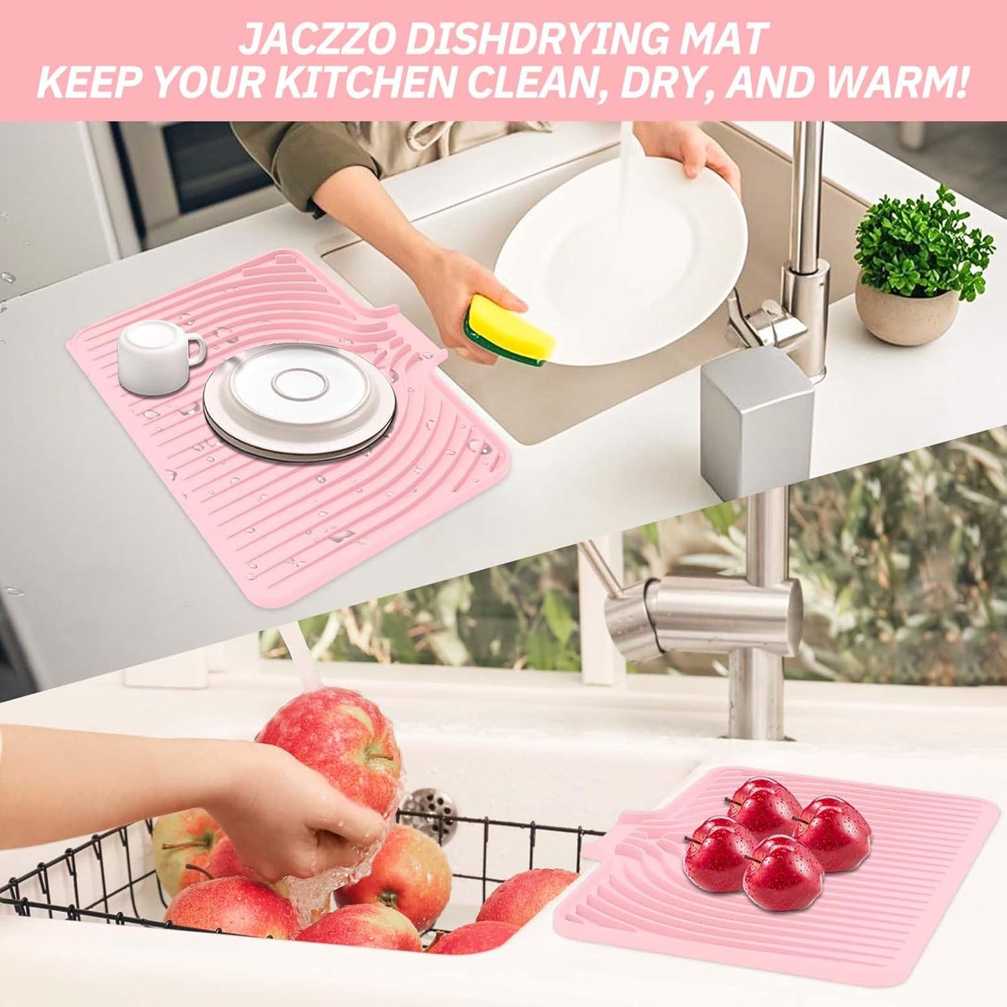Silicone Dish Drying Mat for Kitchen Counter with Built-in Drain, Easy Clean Pad for Countertop Protection, Fast Self-Draining Slope, Non-Slip, Multiple Use 17.7 x 11.8 Inch (Pink)