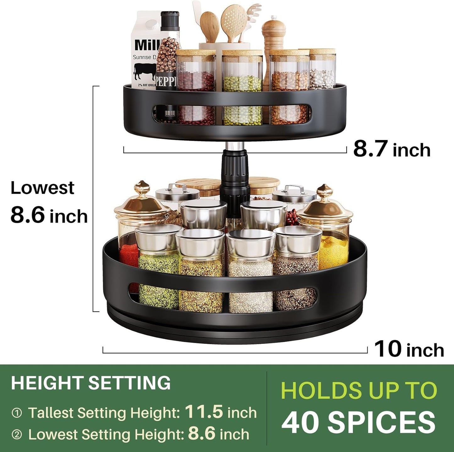 Lazy Susan Organizer Spice Rack - 2 Tier Height Adjustable Spice Organization for Cabinet, Metal Seasoning Organizer Lazy Turntable Spice Organizer for Table Top Pantry Kitchen Storage (10 inch)
