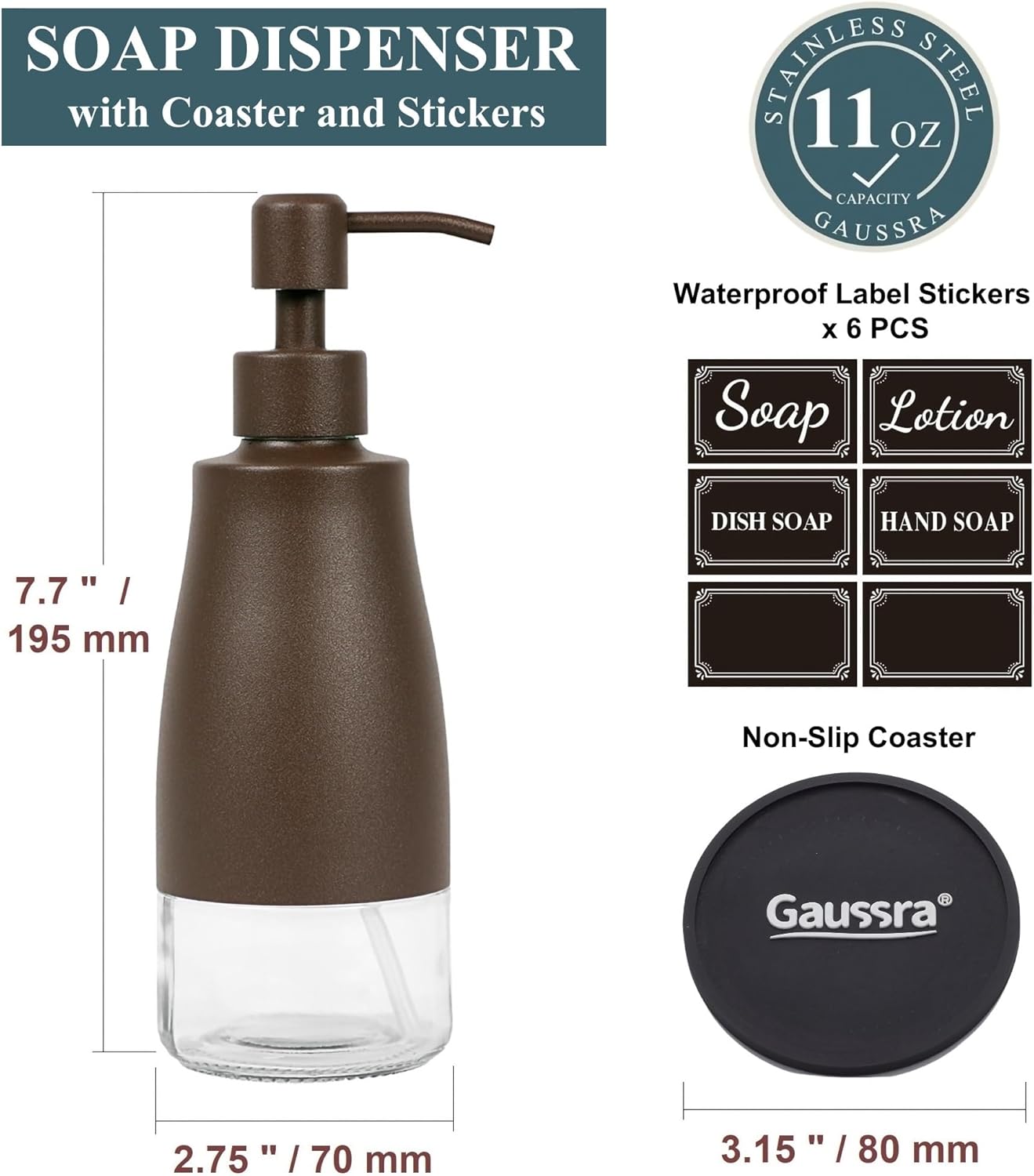 Bronze Soap Dispenser with Coaster and Stickers, Stainless Steel and Glass Bottle Hand Pump Dispenser, Refillable Liquid Hand Soap Dispenser for Bathroom & Kitchen (11OZ / 320ML)