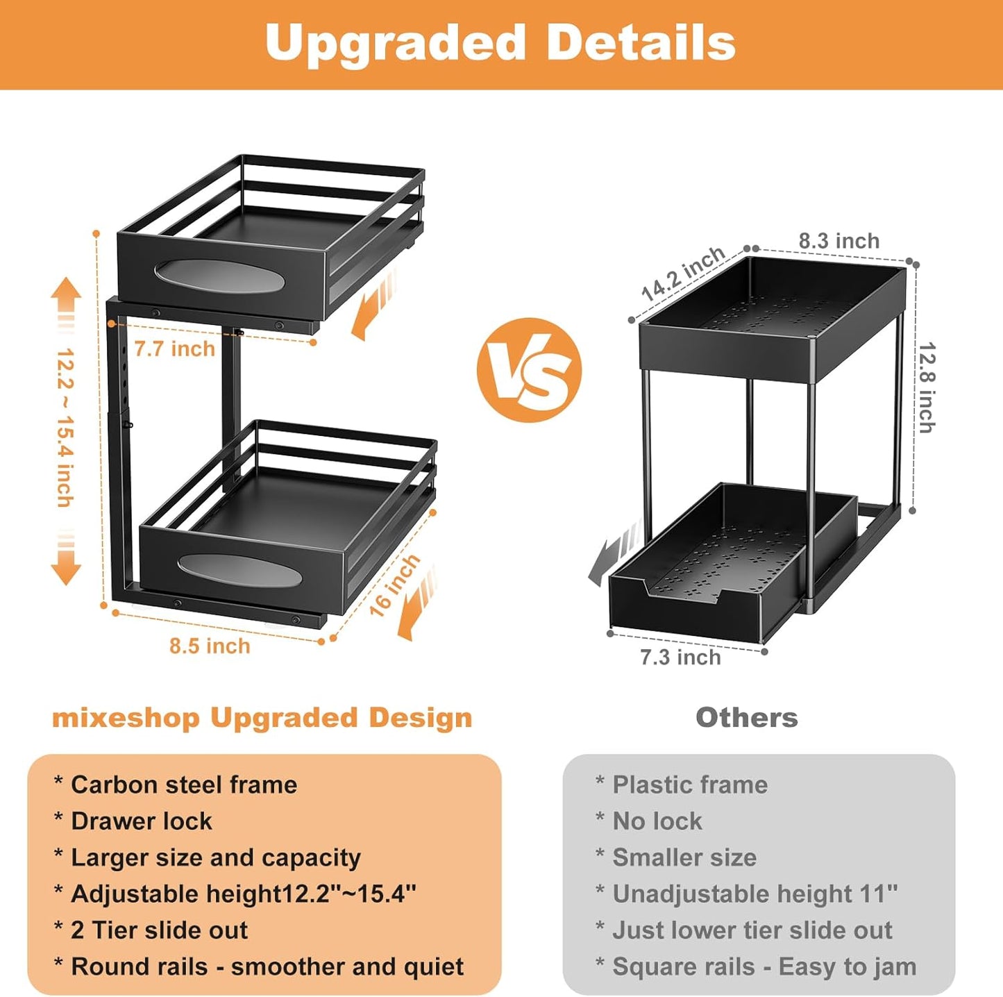 Under Sink Organizer, 2 Tier Under Sink Organizers and Storage, Adjustable Height, Slide Out Metal Cabinet Organizers, Pull Out Cabinet Storage Drawer Shelf for Kitchen Bathroom Black, 2 Pack
