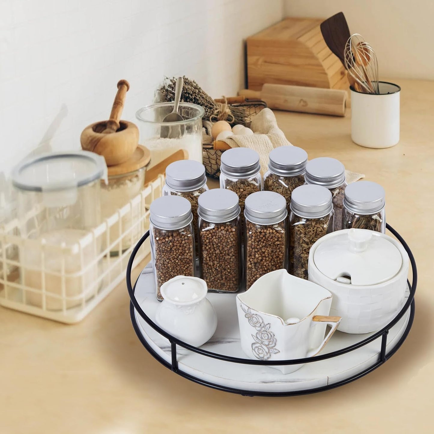 9 Inch White Wood Lazy Susan - Rustic Brown Turntable Organizer with Steel Frame, 360 Degree Decorative Turntable for Countertop or Centerpieces