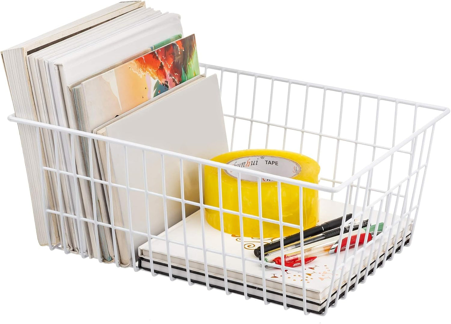 Redrubbit Wire Storage Baskets, Large Farmhouse Metal Freezer Basket Storage Organizer Bins with Handles for Kitchen Cabinets, Pantry, Closets, Bedrooms, Bathrooms, Set of 2, White