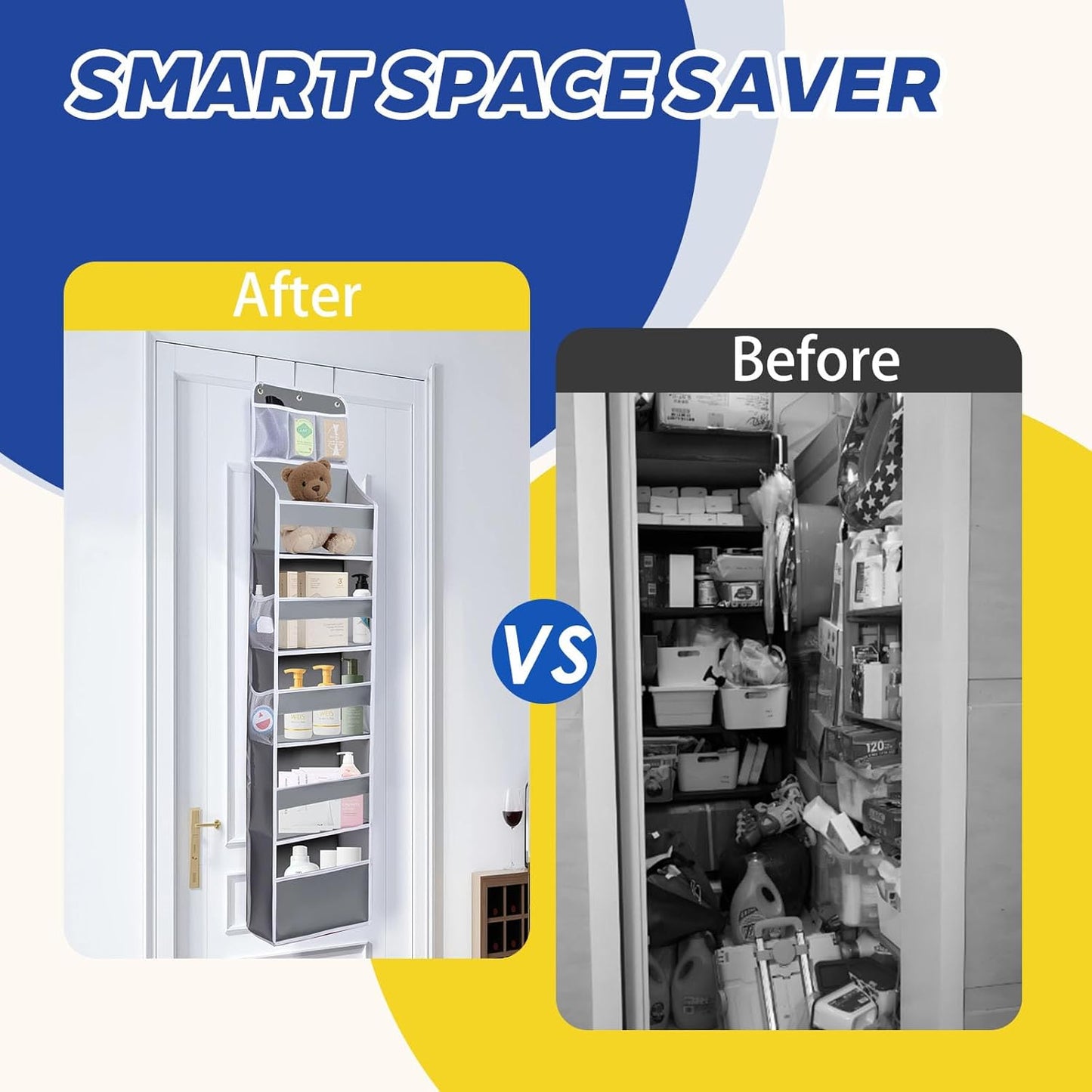 Over The Door Organizer - 6 Capacity Large Pockets & 7 Mesh Compartments, Anti-Tilt Design Holds 44 lbs, for Bathroom, Nursery, Dorm, Pantry & Laundry Storage (Light Grey)