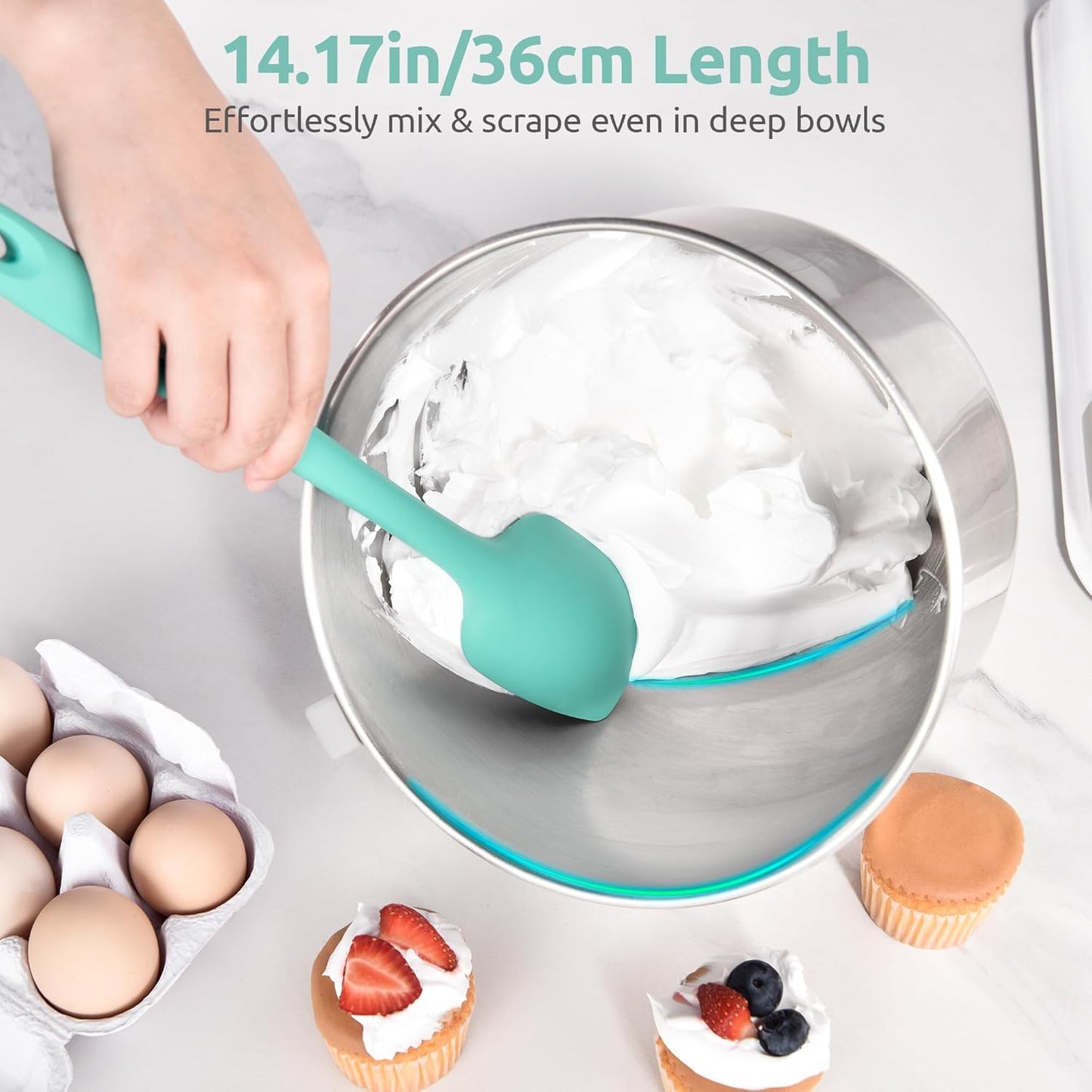 U-Taste Extra-Long 600ºF Heat Resistant Spatula Spoon: 14" Silicone Spoonula Cooking Utensils for Kitchen Use, Non-Stick Scoop Scraper with Soft Edge & Firm Core for Baking, Mixing, Serving (Aqua Sky)