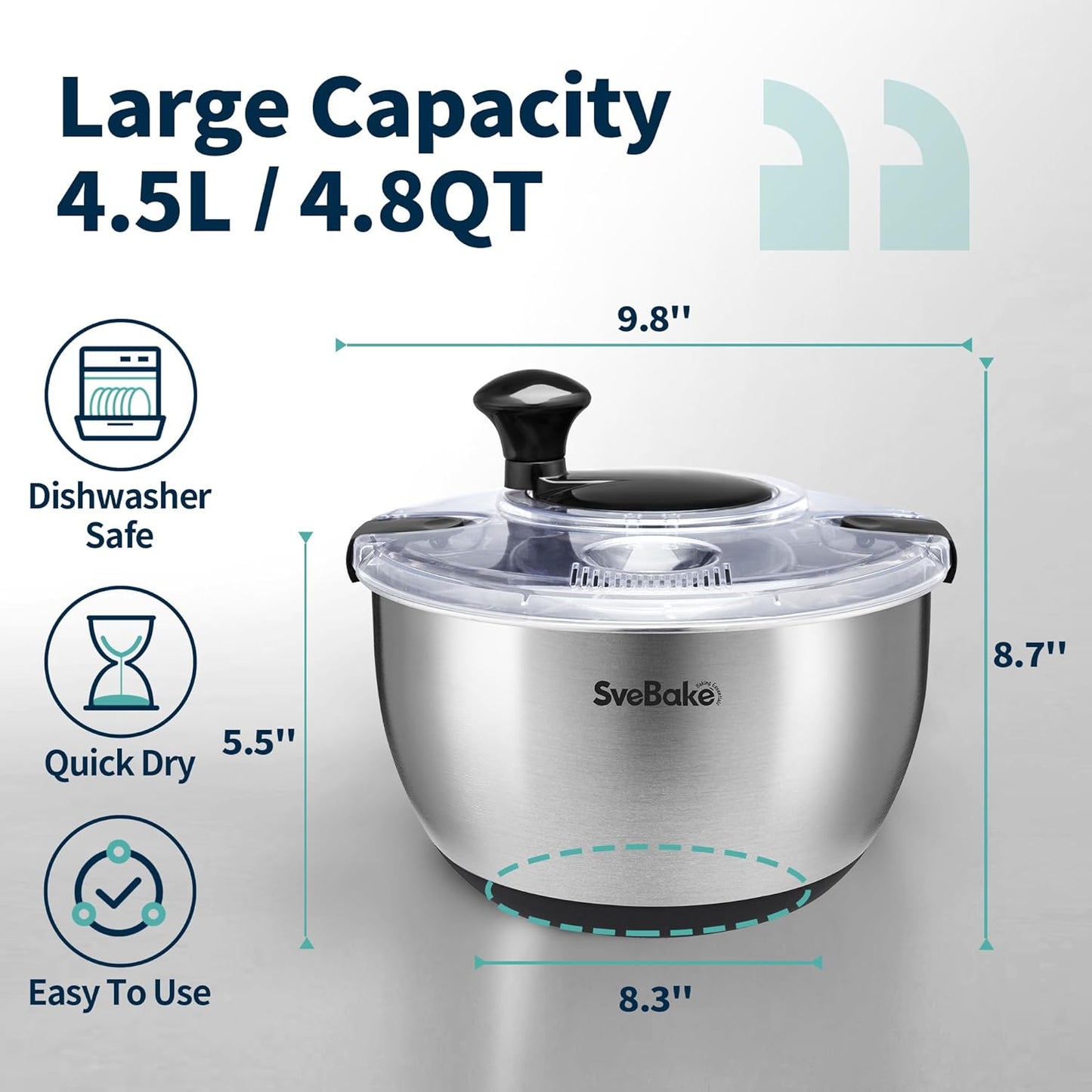 Stainless Steel Salad Spinner, 4.2 Qt Vegetable Washer, BPA-Free Lettuce Dryer with Crank Design, Dishwasher Safe, Non-Slip Base - Transparent Lid