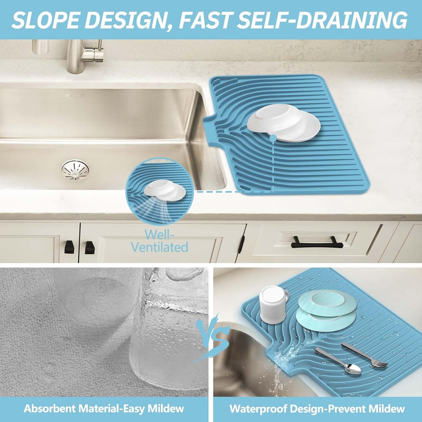 Silicone Dish Drying Mat for Kitchen Counter with Built-in Drain, Easy Clean Pad for Countertop Protection, Fast Self-Draining Slope, Non-Slip, Multiple Use 17.7 x 11.8 Inch (Light Blue)